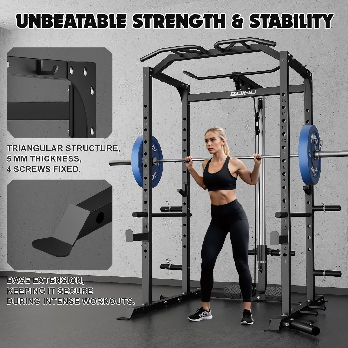 Goimu C1-V4 Power Cage, 2000LBS Squat Rack with LAT Pulldown, Multi-Function Weight Cage Strength Training Machine, Workout Cage with More Attachments for Home Gym Garage (BK C1-V4)