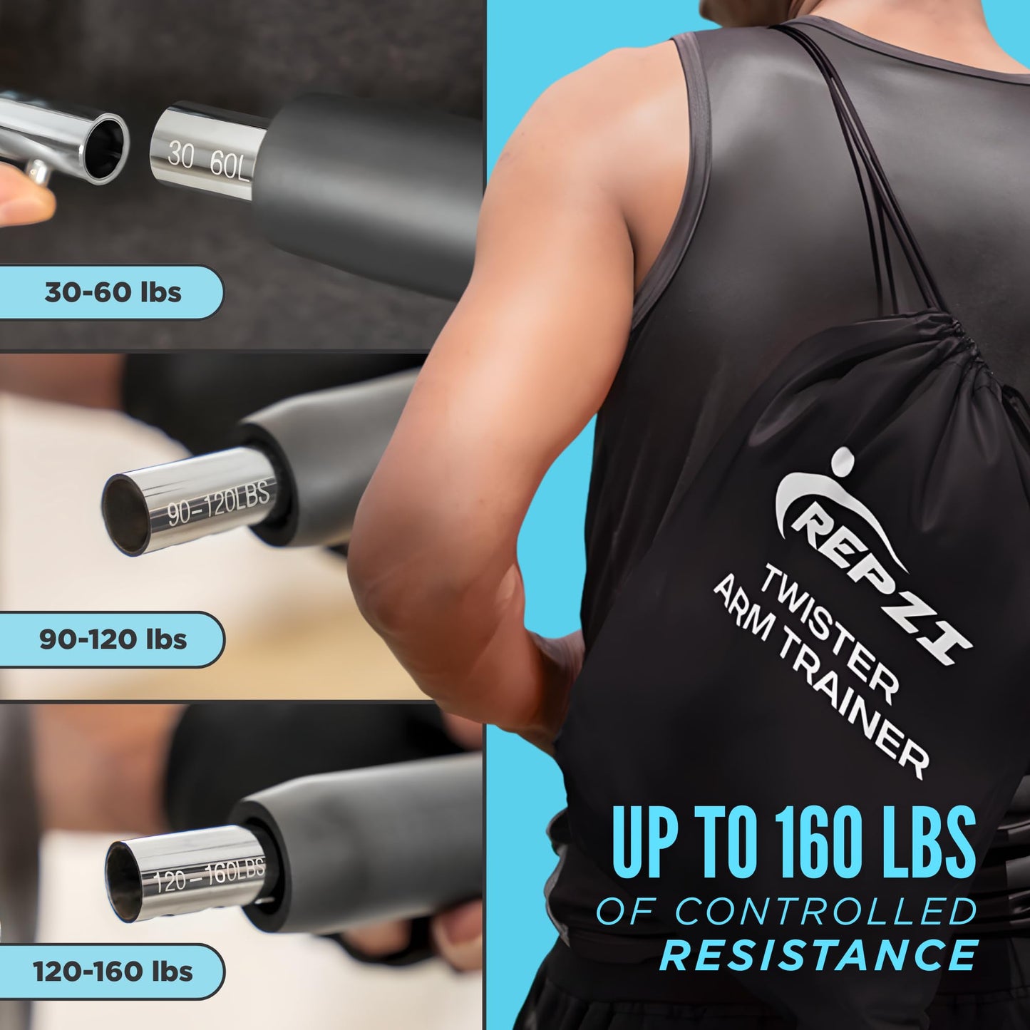 Premium Twister Arm Trainer by REPZI for Chest Workout Equipment 30 to 160 lb, Adjustable 3 Resistance Levels Arm Trainer for Men & Women, Home Gym Upper Body Workout Equipment with Gloves & Carry Bag