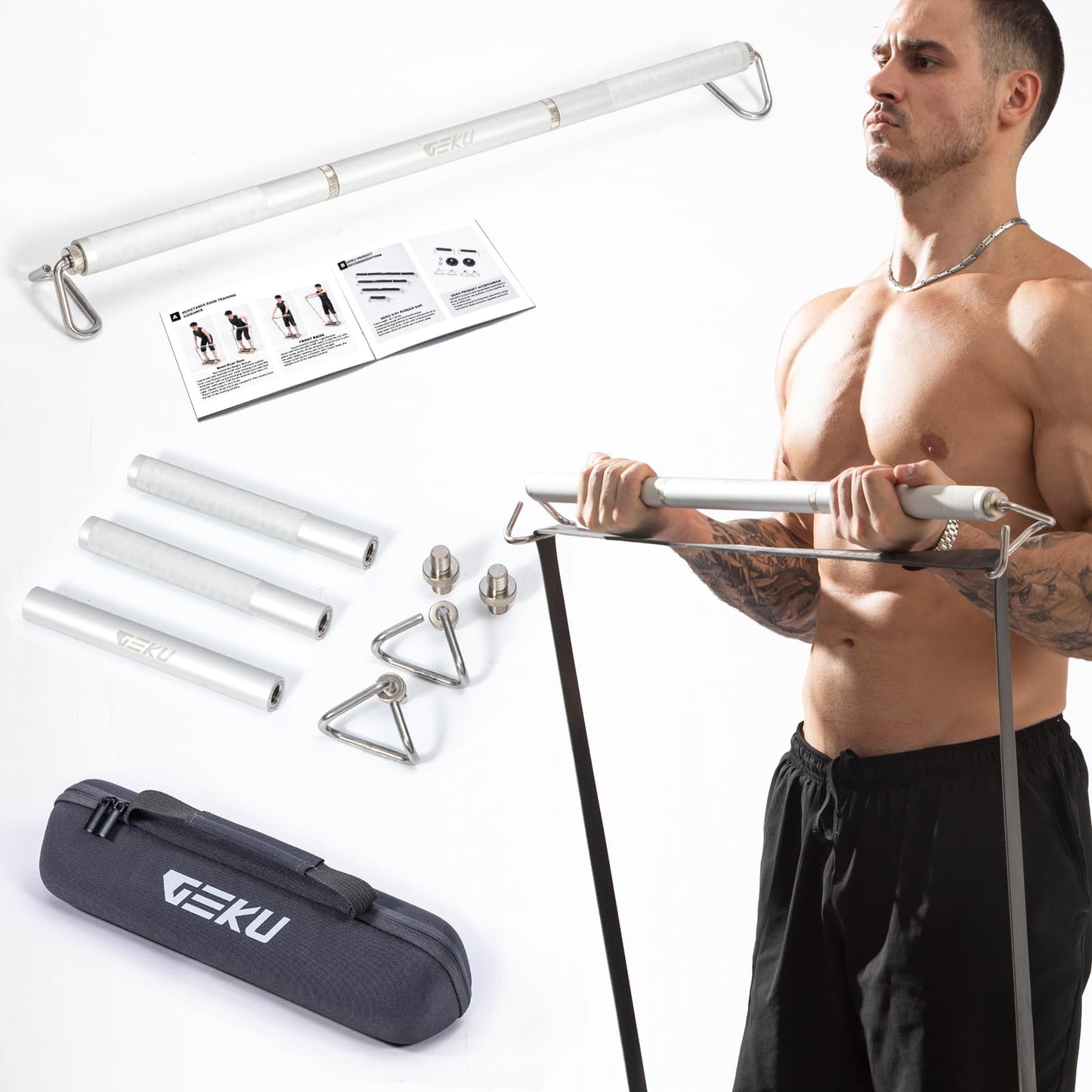 GEKU FIT Aluminum Resistance Band Bar, 3-Section Detachable Heavy Duty Workout Bar for Resistance Band Exercises, Strength Training, and Home Gym (Metal Bar-Enlarged Hooks)