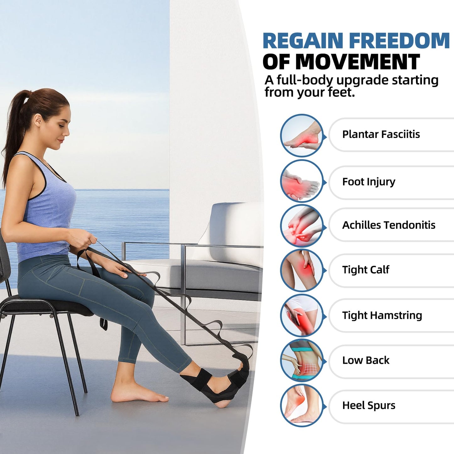 comness Foot and Calf Stretcher-Stretching Strap For Plantar Fasciitis, Heel Spurs, Foot Drop, Achilles Tendonitis & Hamstring. Yoga Foot & Leg Stretch Strap. (Black)