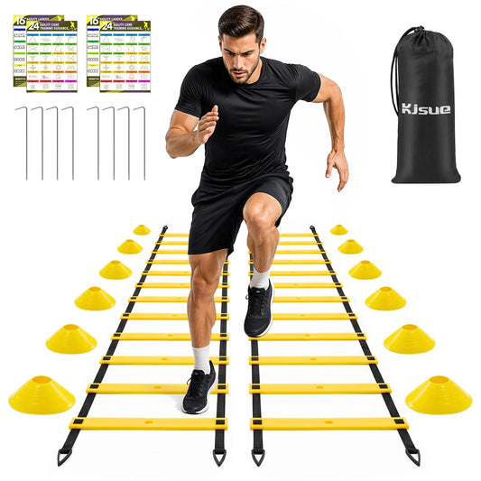 2 Pack 20ft Agility Ladder Set, 40ft Total Adjustable Speed Ladder with 12 Cones, 8 Stakes, 1 Carry Bag - Parallel Footwork Drills Gear for Football Soccer Basketball Training Equipment (Yellow)