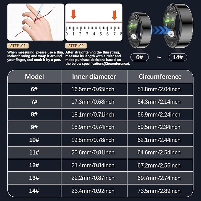 Health Tracker Ring, Smart Health Ring for Women Men with Heart Rate, Blood Oxygen, Sleep Monitor, Steps,Calories, No Subscription Fee, IP68 Waterproof Smart Ring for iPhone & Android (Black, 13#)