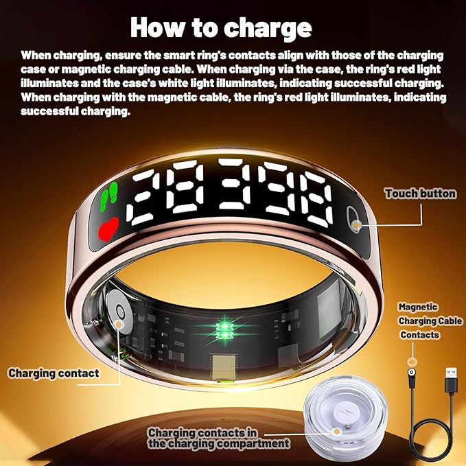 Smart Health Ring for Women Men, Smart Ring Fitness Tracker for iOS Android, Heart Rate, Blood Oxygen, Blood Pressure, Sleep Monitoring,5ATM Waterproof, No Subscription Fee (Gold, 12#)