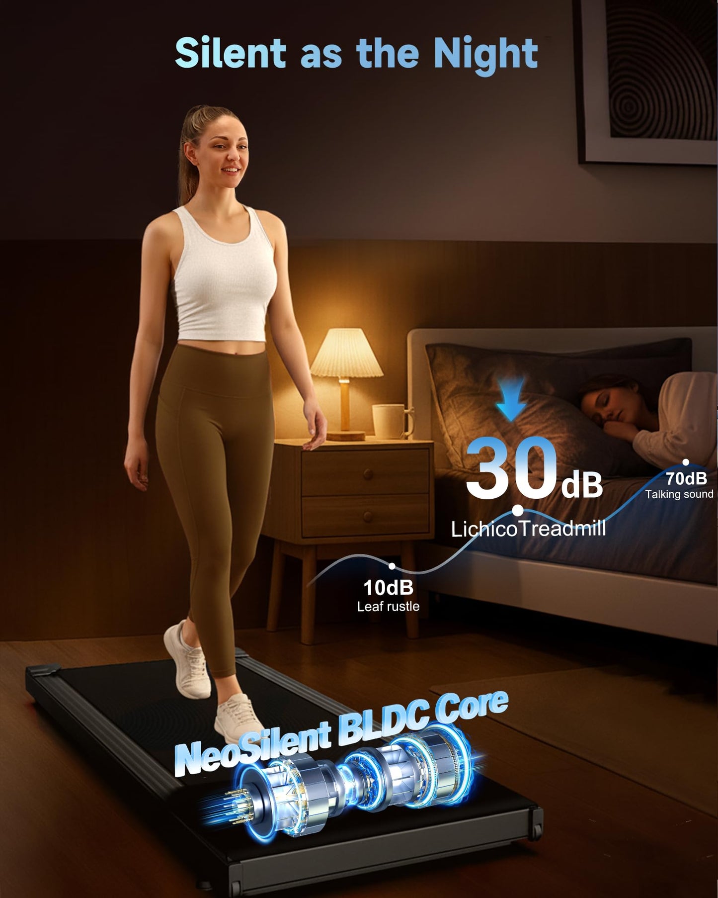 NeoSilent Walking Pad Under Desk Treadmill for Home & Office with BLDC Core and Extra-Large Belt, App Control, Portable and Compact for Small Space Phantom Black