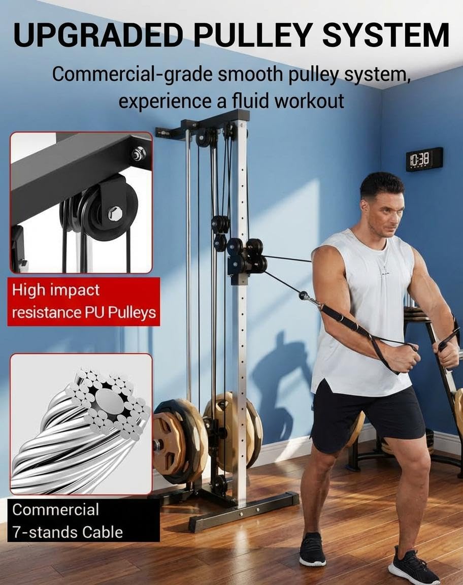 Wall Mount Cable Machine, 19-Position Dual Pulley LAT Pulldown & Crossover System for Home Gym, 400lb Capacity, Garage & Apartment Strength Equipment
