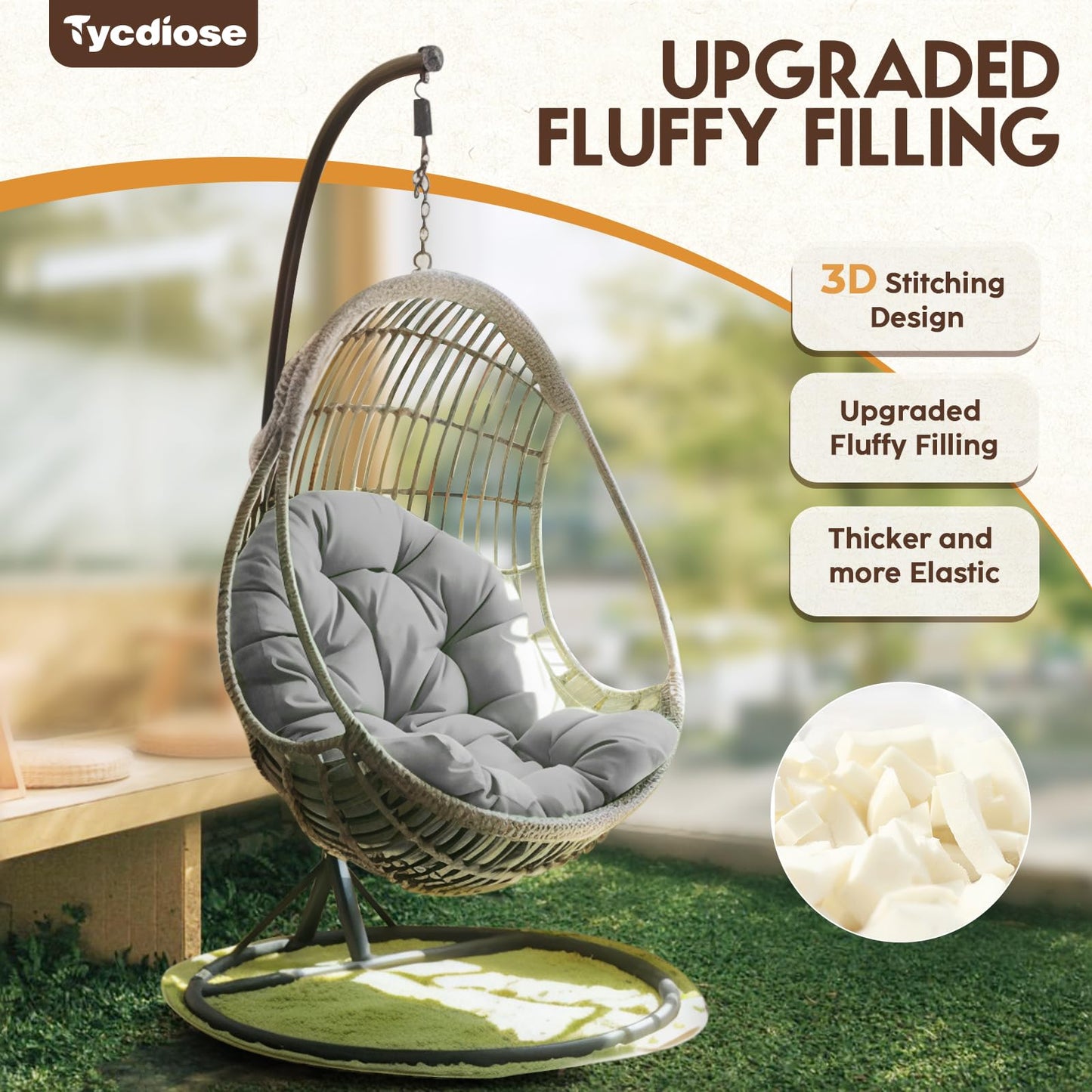 Tycdiose Egg Chair Cushion Replacement, Waterproof Outdoor Hanging Egg Swing Chair Cushions Pads, U-Shaped Thickened Cushions for Hanging Eggs Chair with Ties, 47x33x7 Inches (Grey)