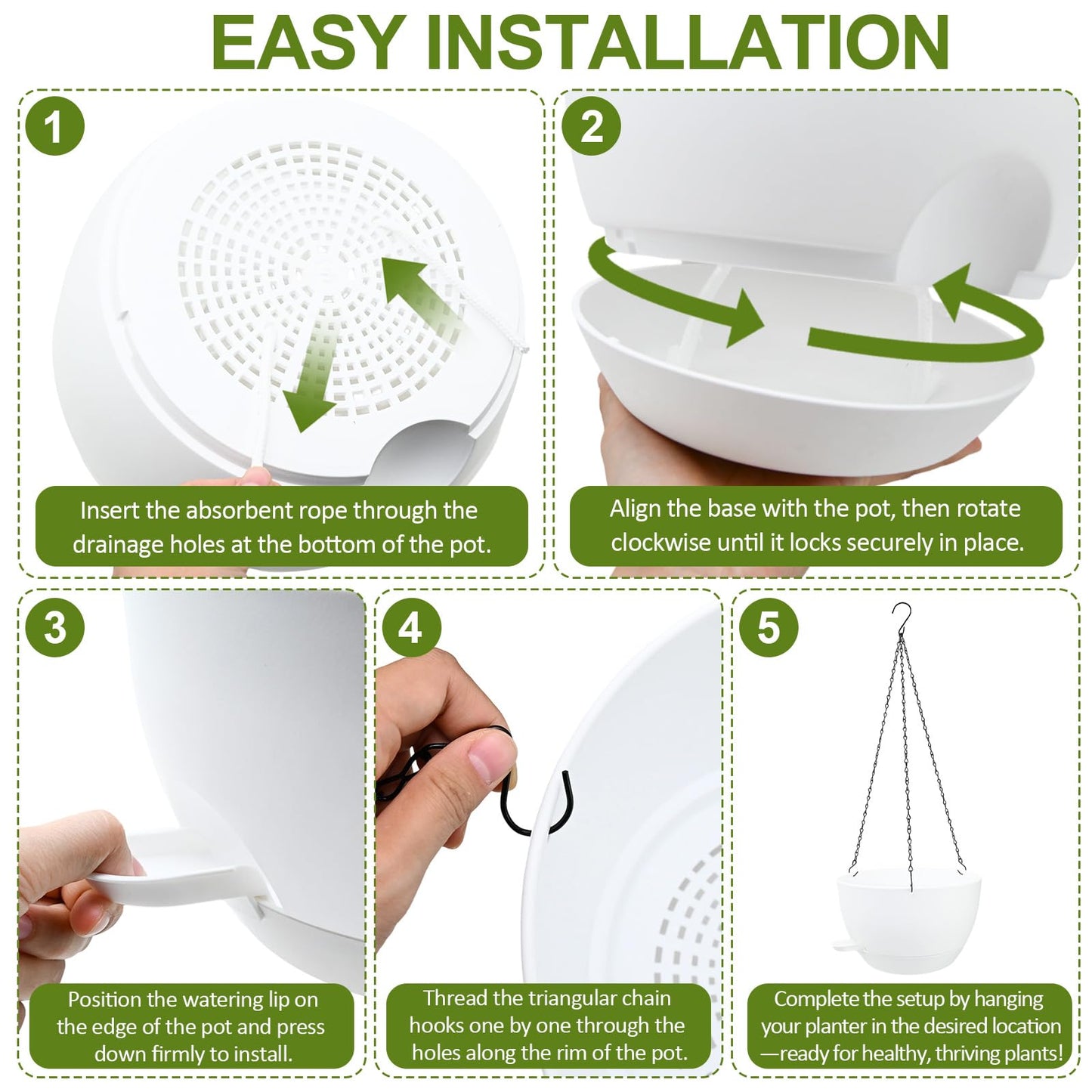 WOUSIWER Self Watering Hanging Planters, 2 Pack 12'' Plastic Pots with Drainage Holes & Reservoir Tray (White) | Indoor & Outdoor Use for Ferns, Ivy, Herbs, Succulents