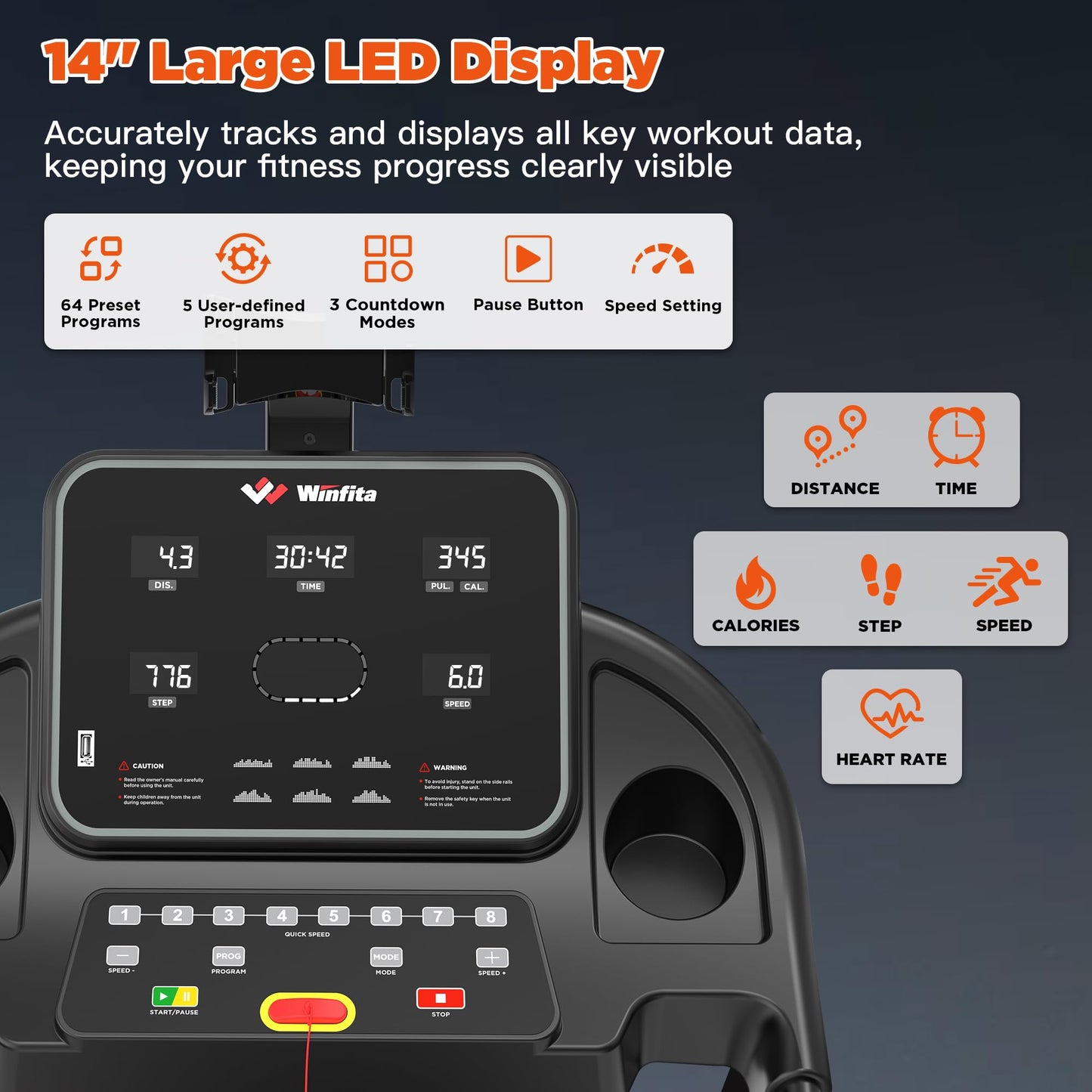 Winfita 3.5HP Folding Treadmills for Home with Incline, 300 lbs Capacity, 8.0 MPH Speed, 17'' Wide Belt, App, 64 Programs, Pause Function, BMI Detector for Home Use
