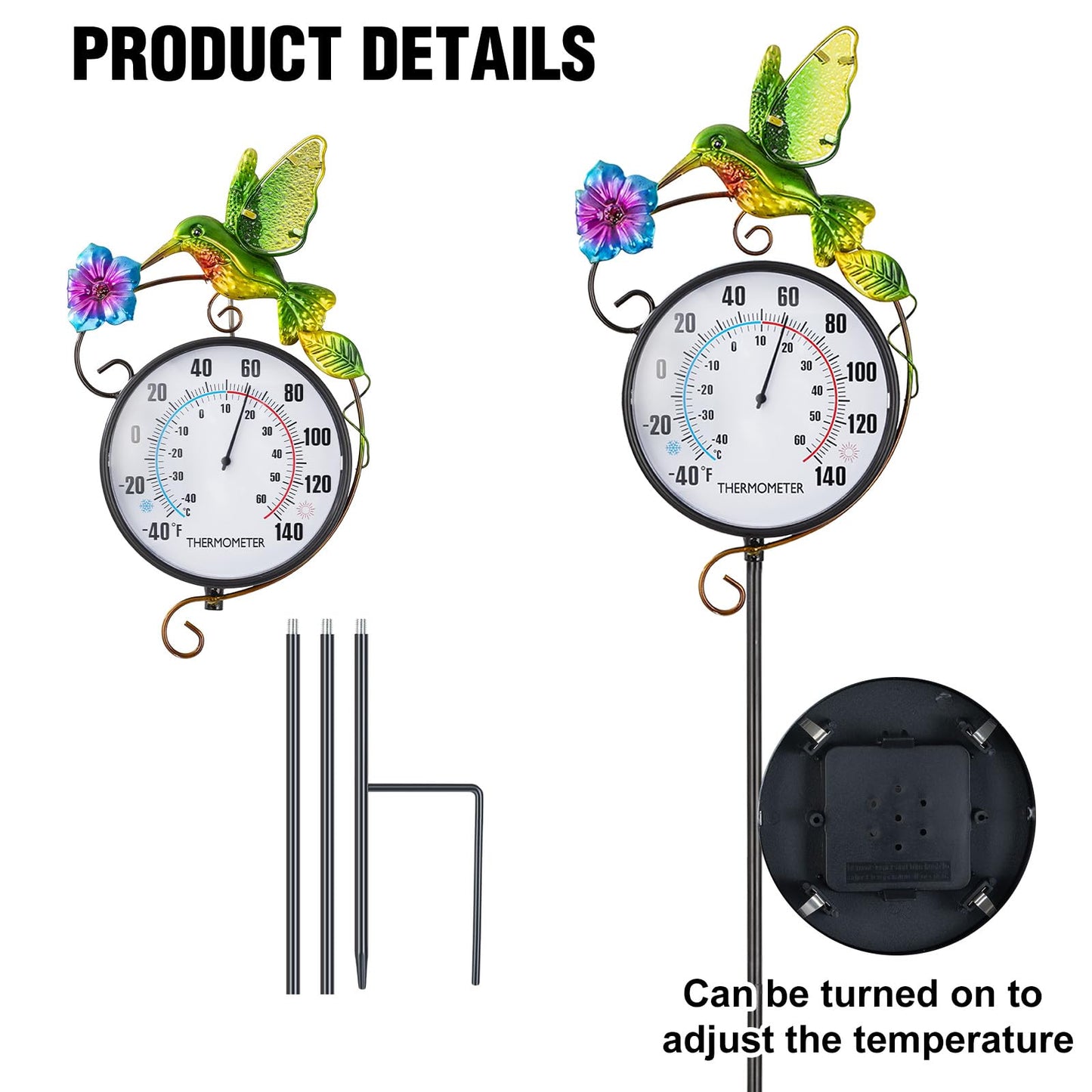 Outdoor Indoor Wall Thermometer with Hummingbird Metal Stake Outside Waterproof Decorative Temperature for Lawn Yard Pathway Patio Decorations