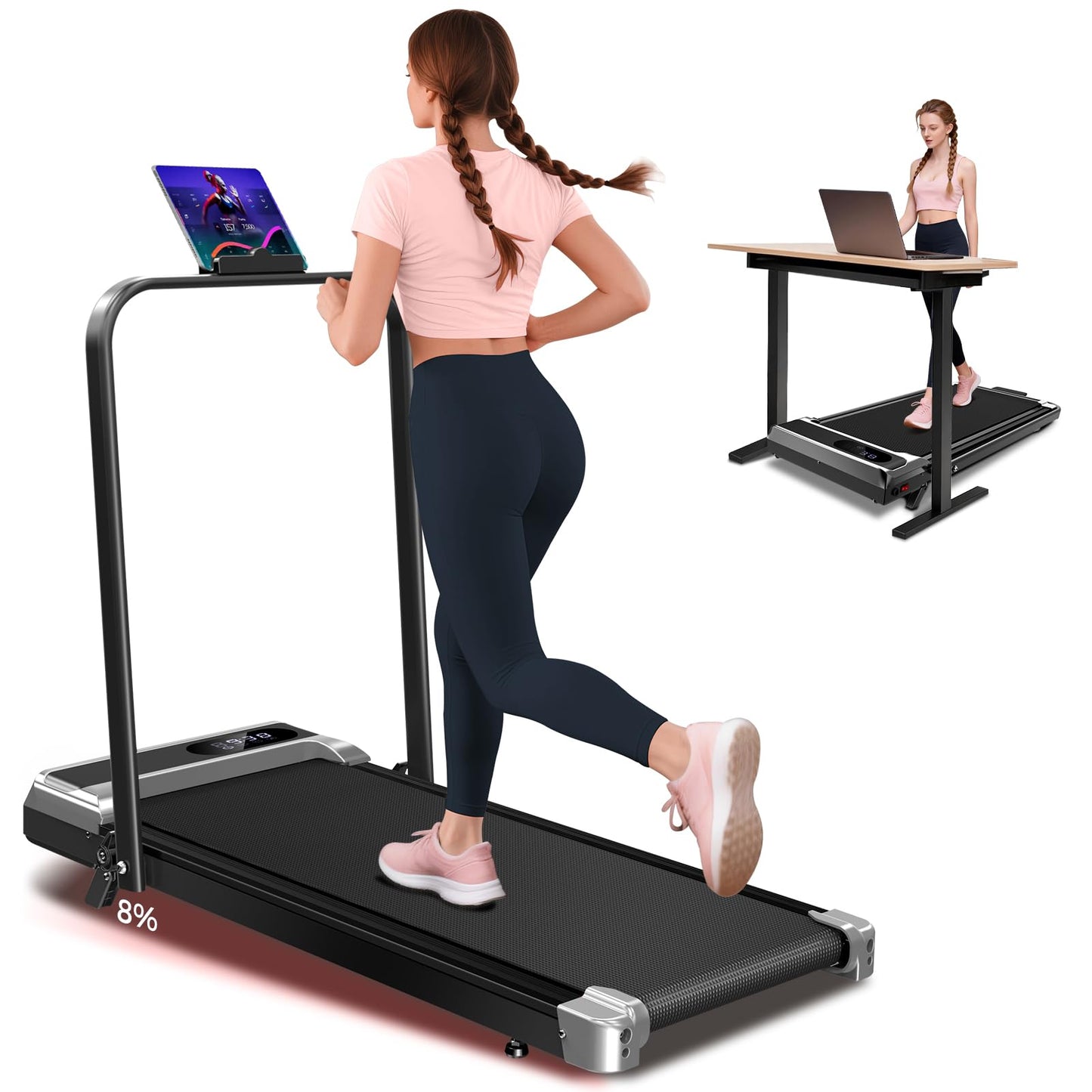 Walking Pad Treadmill with 8% Incline, 0.6-3.8MPH Foldable Treadmills with Remote for Small Home, 3.0HP Compact Walking Pad with Handle Bar, Easy Assembly, 350 LBS