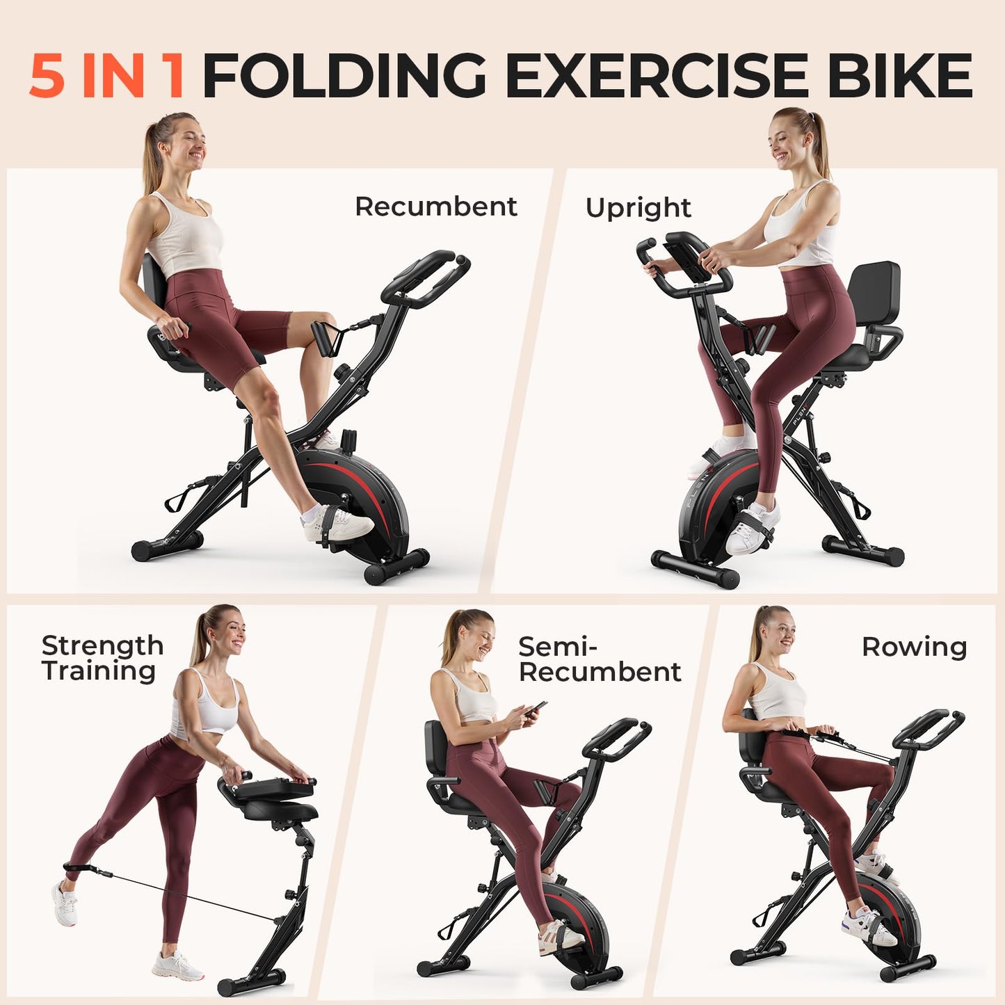 Pleny Folding Exercise Bike, 5 IN 1 Stationary Bikes for Home 6.6 LBS Flywheel, 330LB Weight Capacity Back Support Cushion Indoor Workout Cycling Bike for Home Gym, Black-red