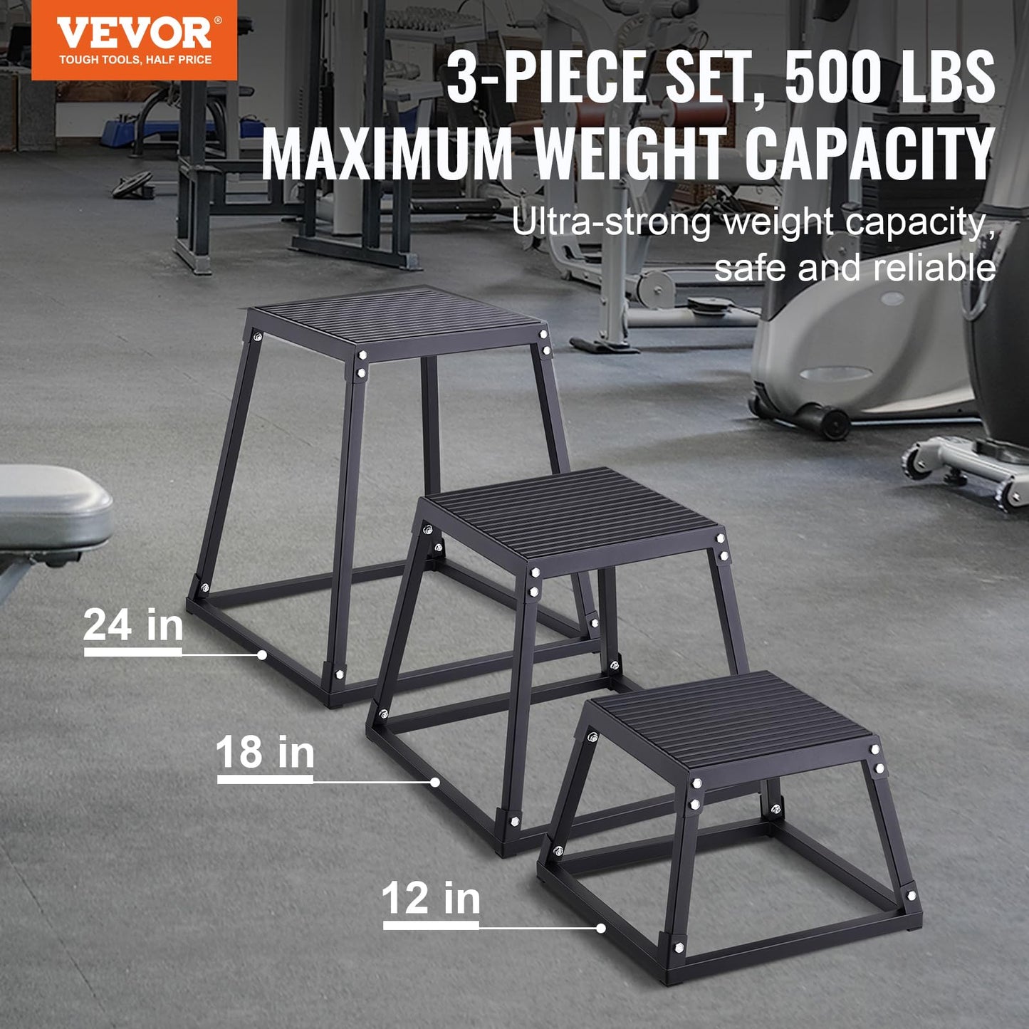 VEVOR Plyometric Platform Box, 12/18/24 Inch Plyometric Jump Box, Fitness Steel Plyo Box for Home Gym Jump Training, Crossfit, Conditioning, Strength Training, Black