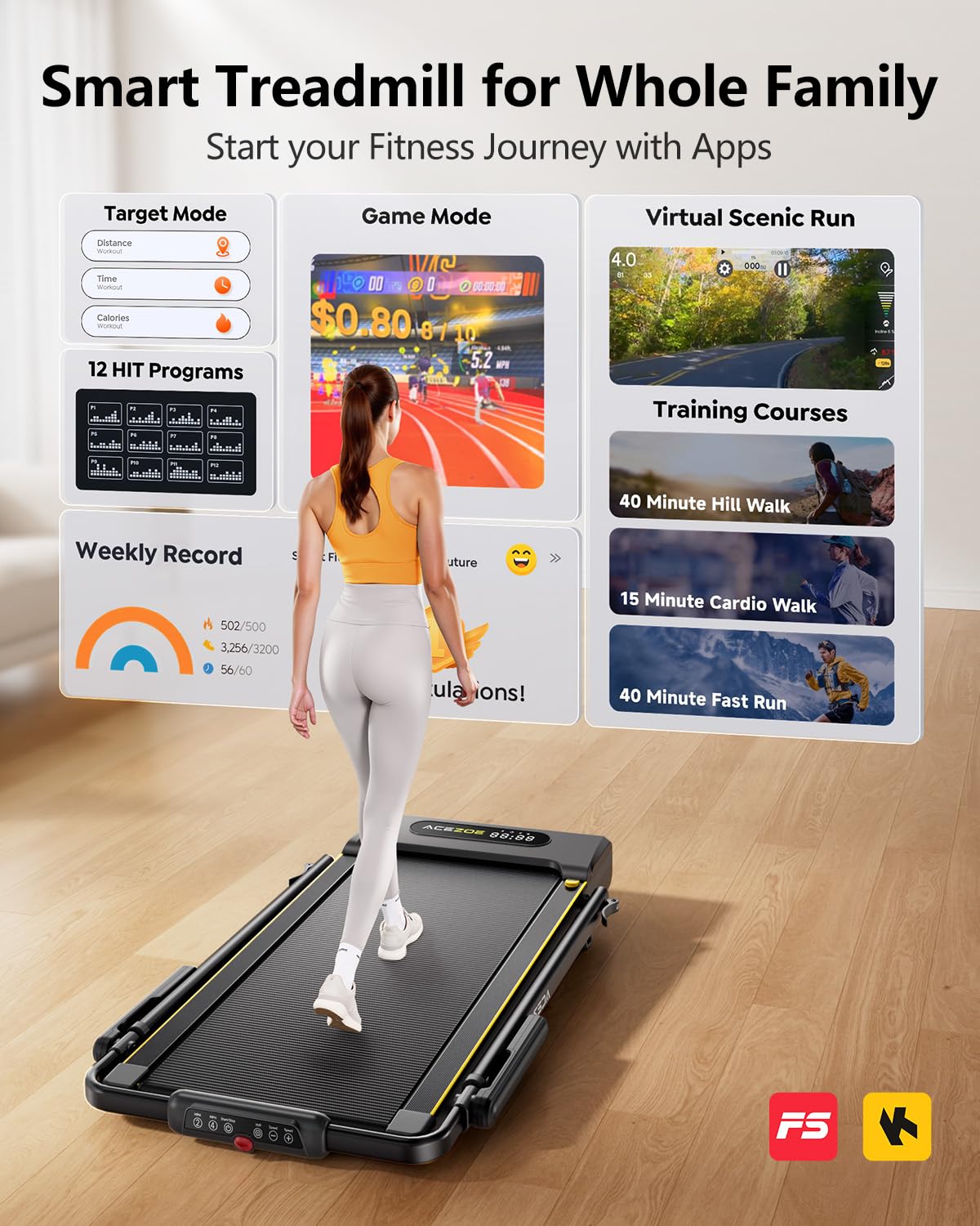Acezoe 3 in 1 Under Desk Treadmill with Incline, Walking Pad with Removable Desk Workstation, Adjustable Height for Different Need, 300lbs Capacity, Foldable Compact for Home Small Office,Yellow