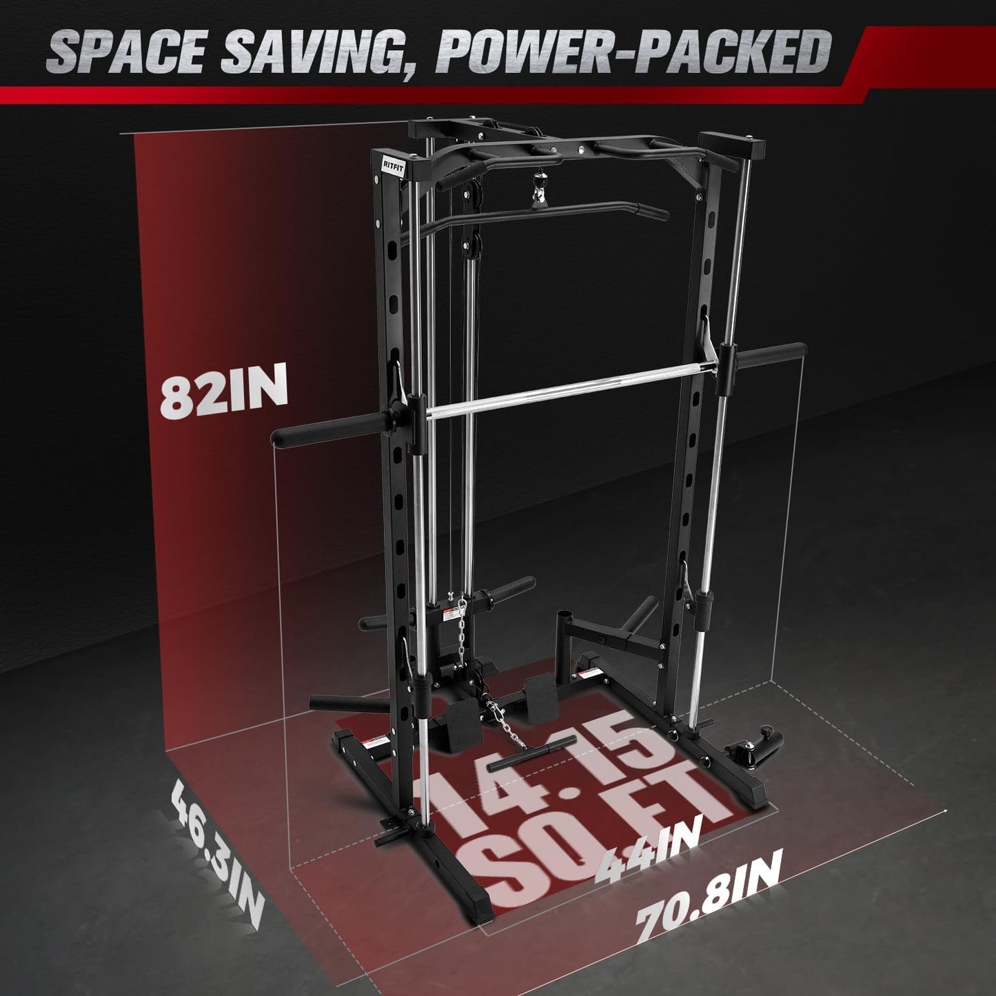 RitFit Smith Machine Power Rack with LAT-Pull Down System, Landmine, Barbell Bar, Plate Storage Pegs and More Training Attachment, 1000 LBS Multifunction Squat Rack for Home Gym, Upgraded 2.0 with Bar