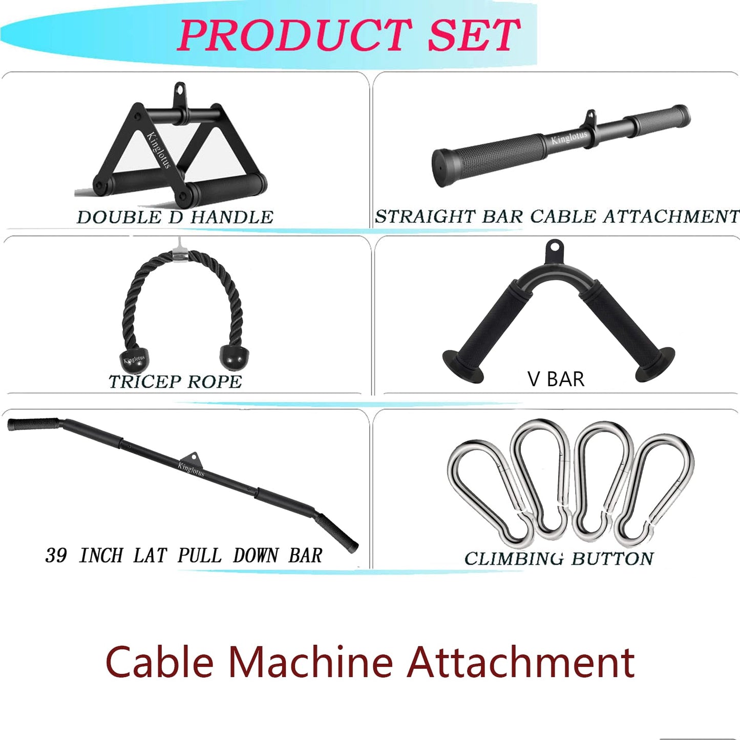 Kinglotus Cable Machine Attachments Set, Home Gym Accessories with 39" LAT Pull Down Bar, Straight Bar, V-Shaped Bar, Tricep Rope, Double D Handles, Weight Workout Equipment for Strength Training