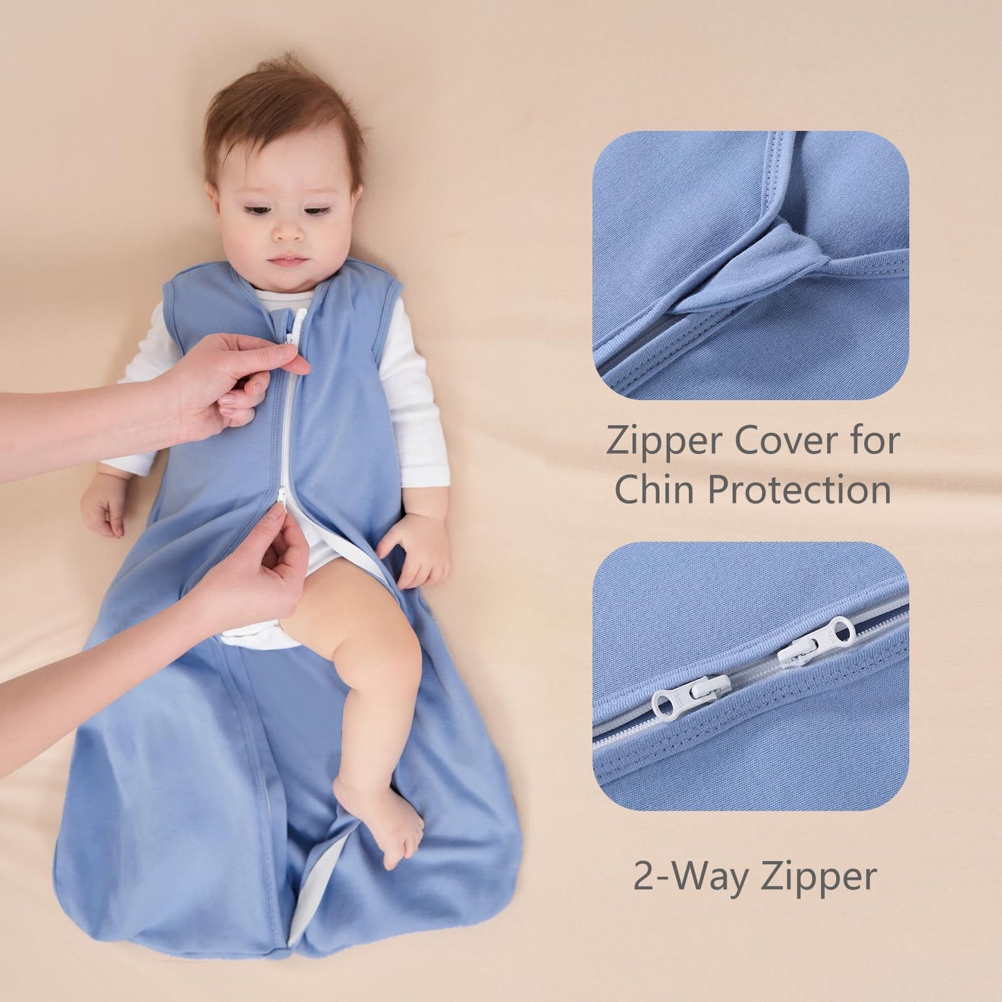 FIEMOL Baby Sleep Sack 6-12 Months, 100% Cotton Sleeping Sack for Newborn and Infant, 3 Pack Baby Wearable Blanket, 0.5 Tog Lightweight Double Zipper Sleep Bag Cyan