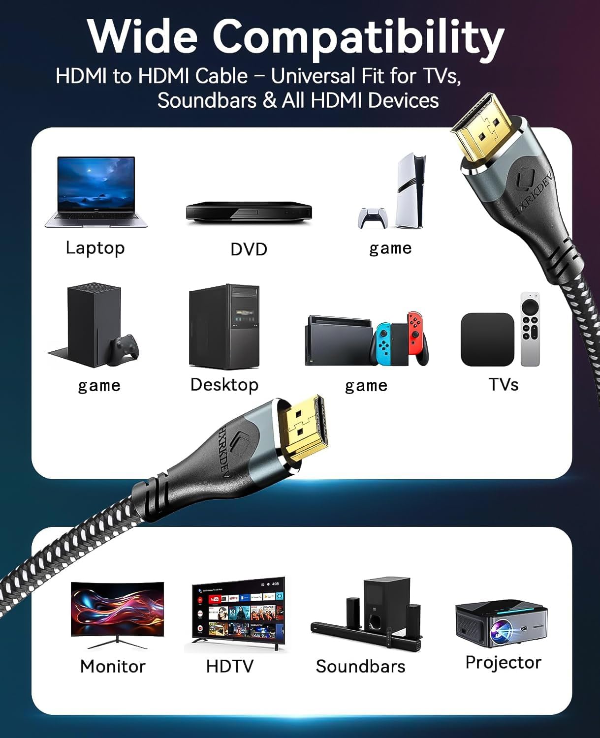 4K 50 2.0 4K@60Hz/2K/1080P/3D PS5/PS4 Long Hdmi Cable ft, HDMI Cable Braided, ARC/Ethernet Gold Plated HDMI Cord, Ultra
