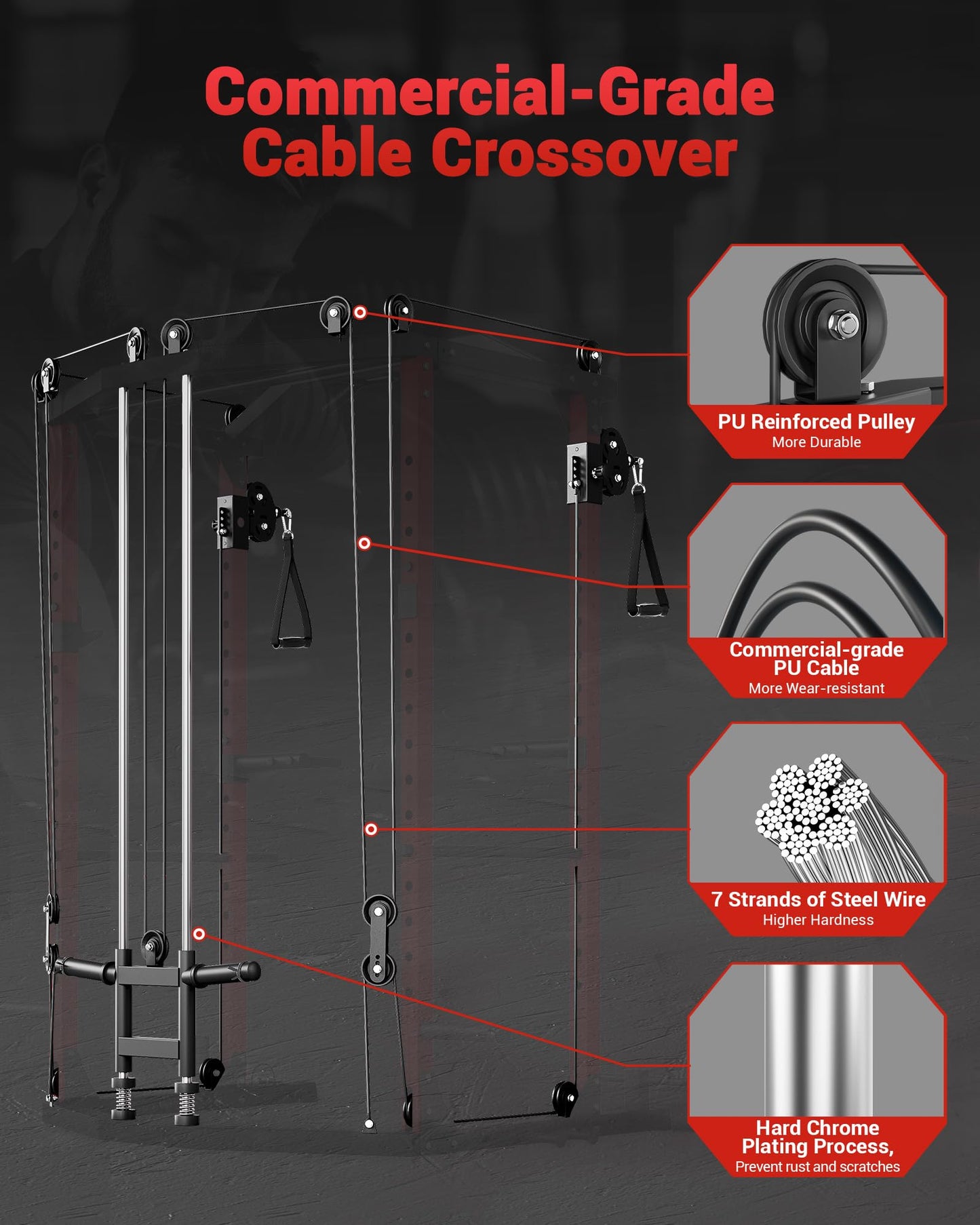GarveeLife Power Cage, Multi-Functional Power Racks for Home Gym with Cable Crossover System, 1600 LBS Weight Capacity Fitness Squat Rack for Strength Workout with More Training Attachment, Red