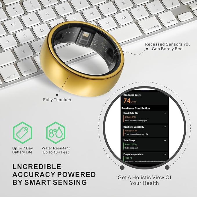 Smart Ring, Activity Trackers, Sleep Ring, Fitness Tracking, Stress Tracker, Heart Rate, Meditation, Temperature, Respiratory, No App Subscription, Women, Men, iOS, Android (Golden, 6)