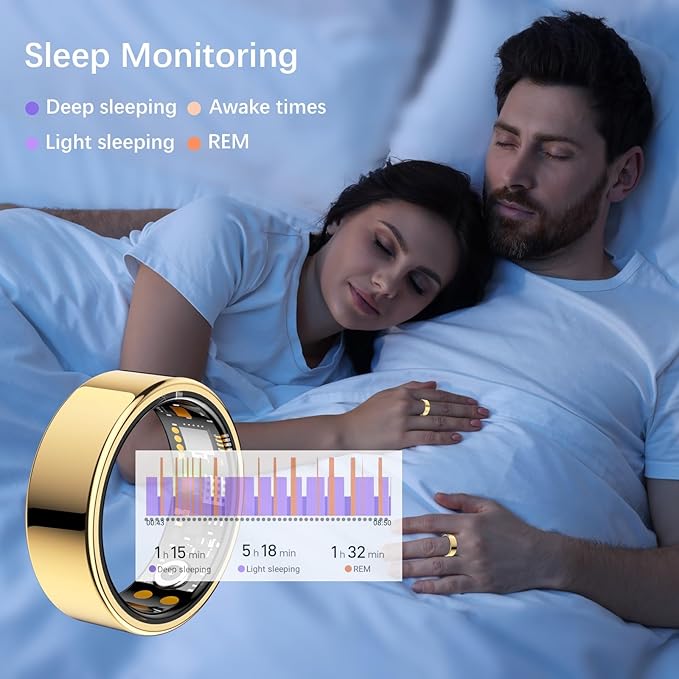 Ring Health Tracker for Women Men, Fitness Tracker with Heart Rate, Blood Oxygen, Sleep Monitor, Calories, Step Counter, IP68 Waterproof Smart Ring for iPhone & Android, No Subscription Fee (Gold, 7#)
