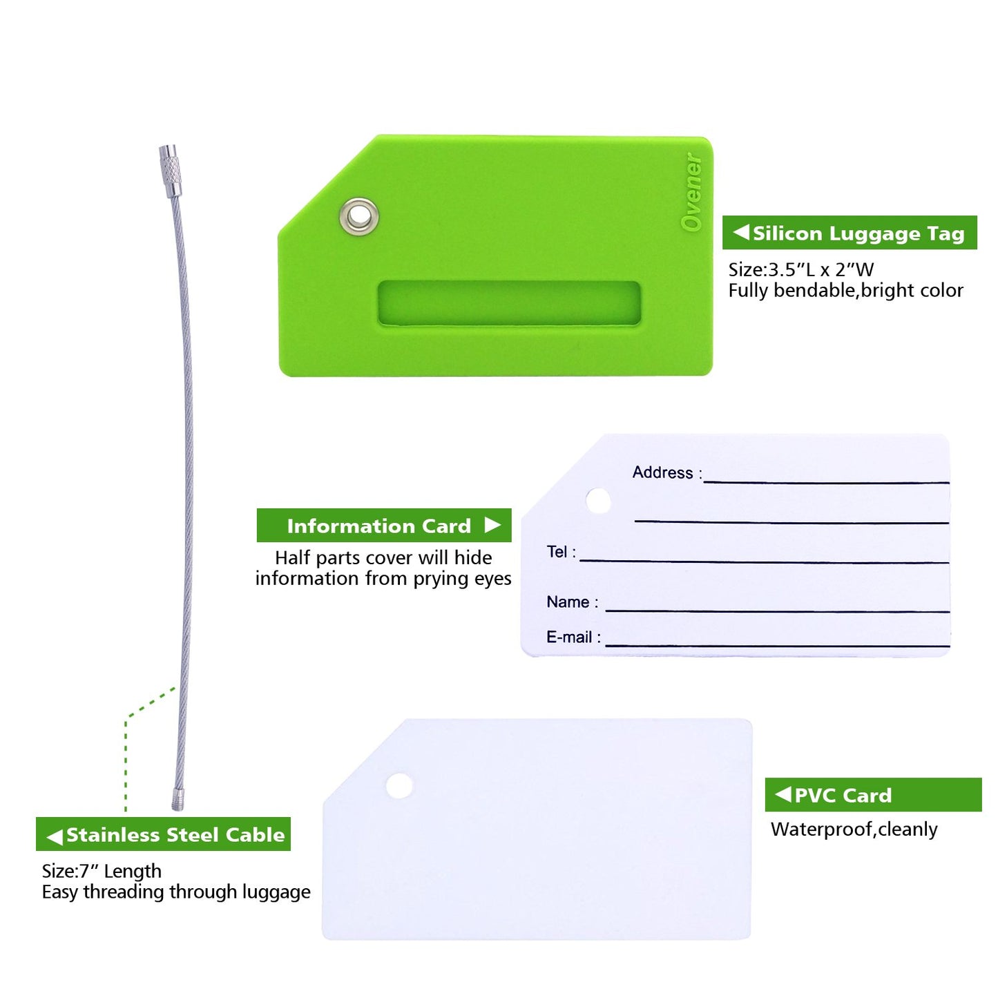 Silicone Luggage Tag with Name ID Card and Digit Number Showed 1-5 Green