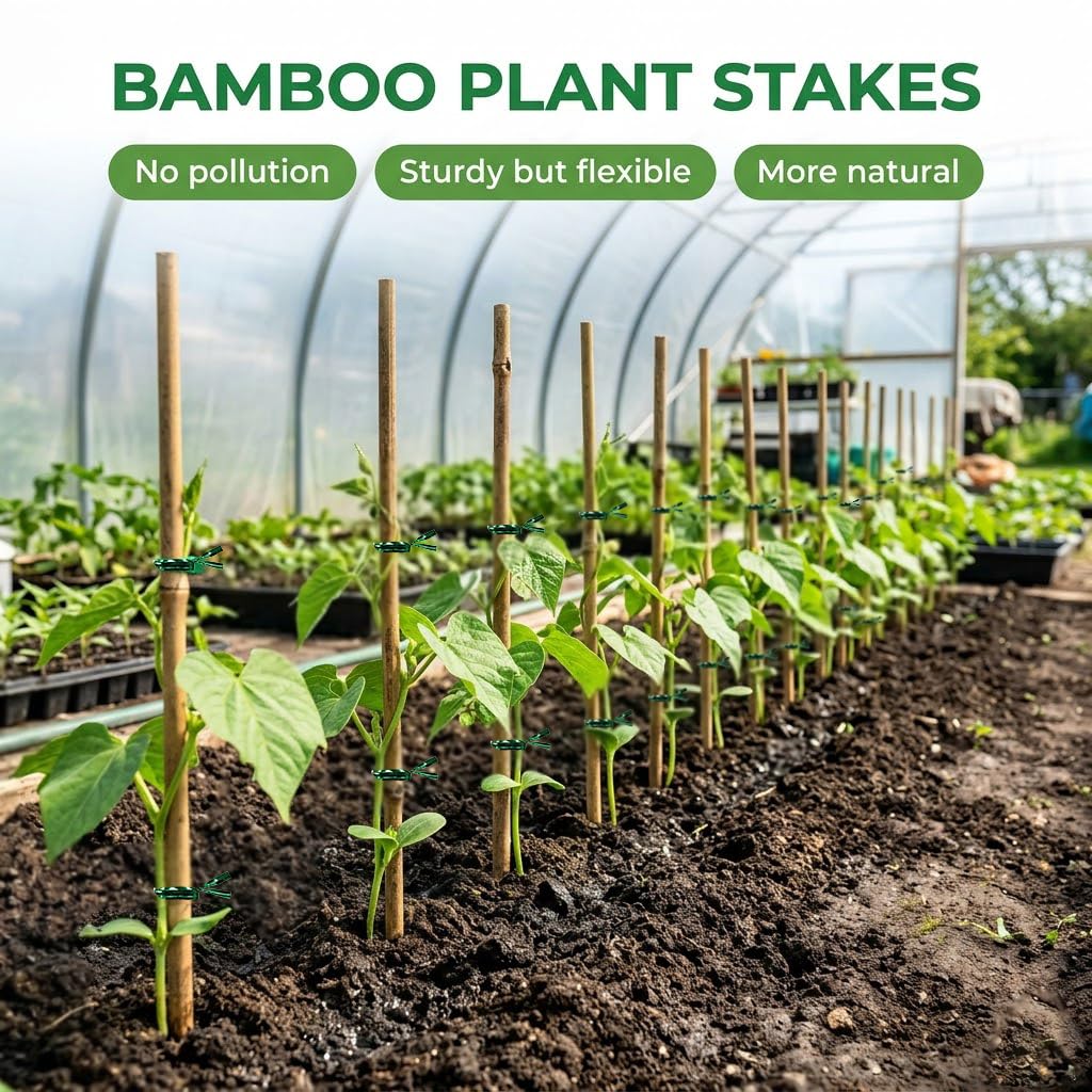 Plant Stakes Natural Bamboo Sticks - 25 Pcs Bamboo Garden Stakes for Plants 3 FT Plant Support Sticks with Twist Ties for Tomatoes Beans Orchid Flowers Indoor Outdoor Potted Climbing Plants