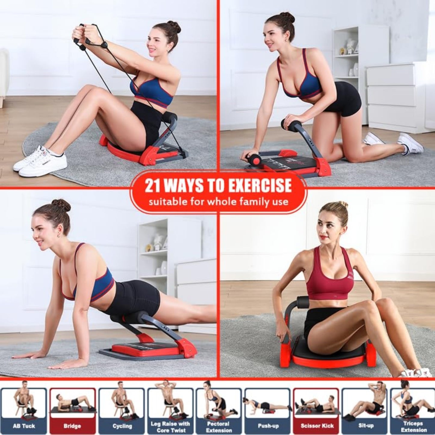 Ab Machine Ab Workout Equipment Sit Up Machine & Exercise Equipment Ab Crunch Machine for Stomach Workout Ab Core Trainer Abdominal Machine for Home Gym with Resistance Bands (Red)