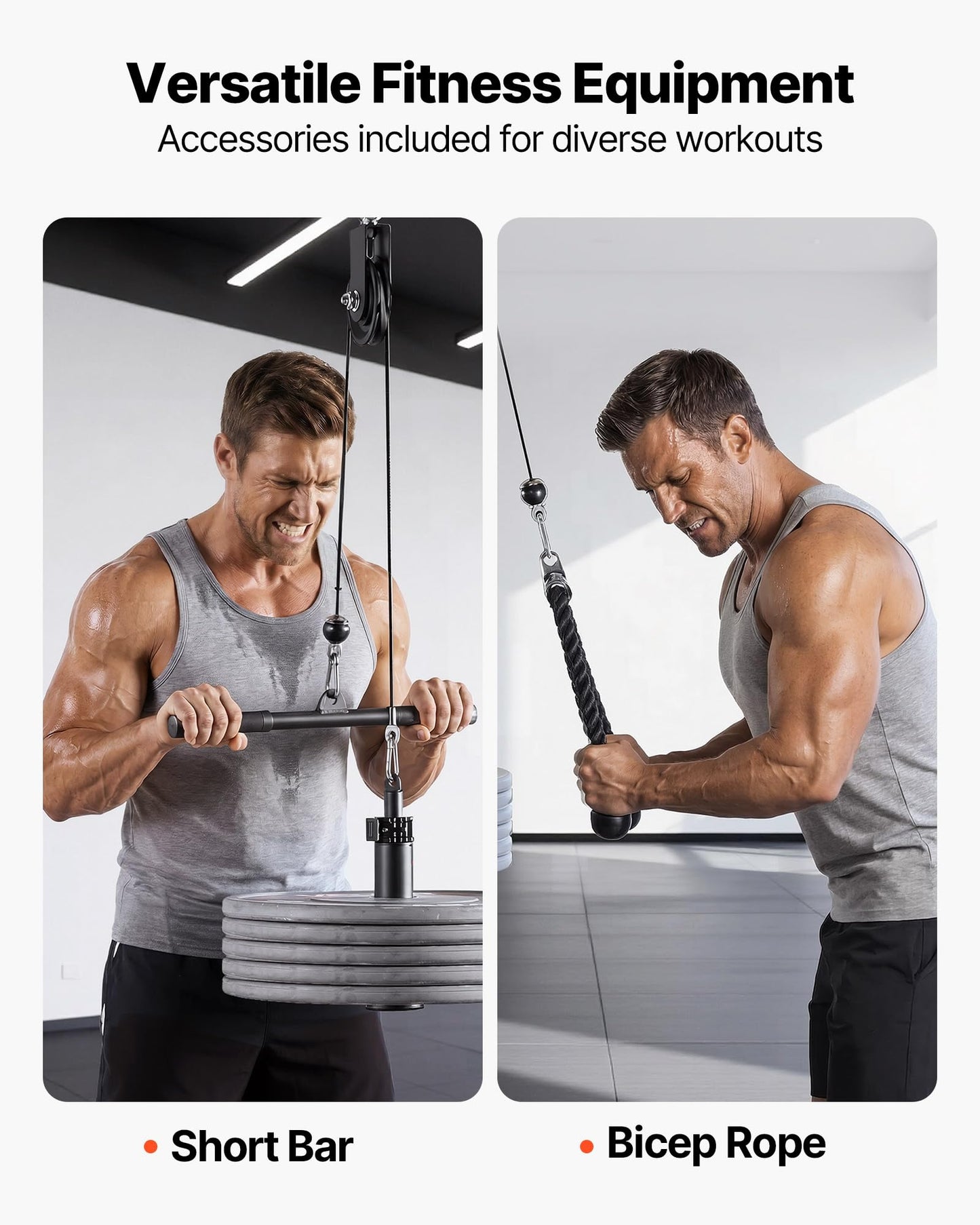VEVOR Pulley System, 1 PC LAT and Lift Pulley System, Gym Rack Pulleys Attachment with Two Steel Cables, Short Bar, Dual Grip Handles, Cable Machine for Bicep, Shoulder, Back, Up to 280 lbs Capacity