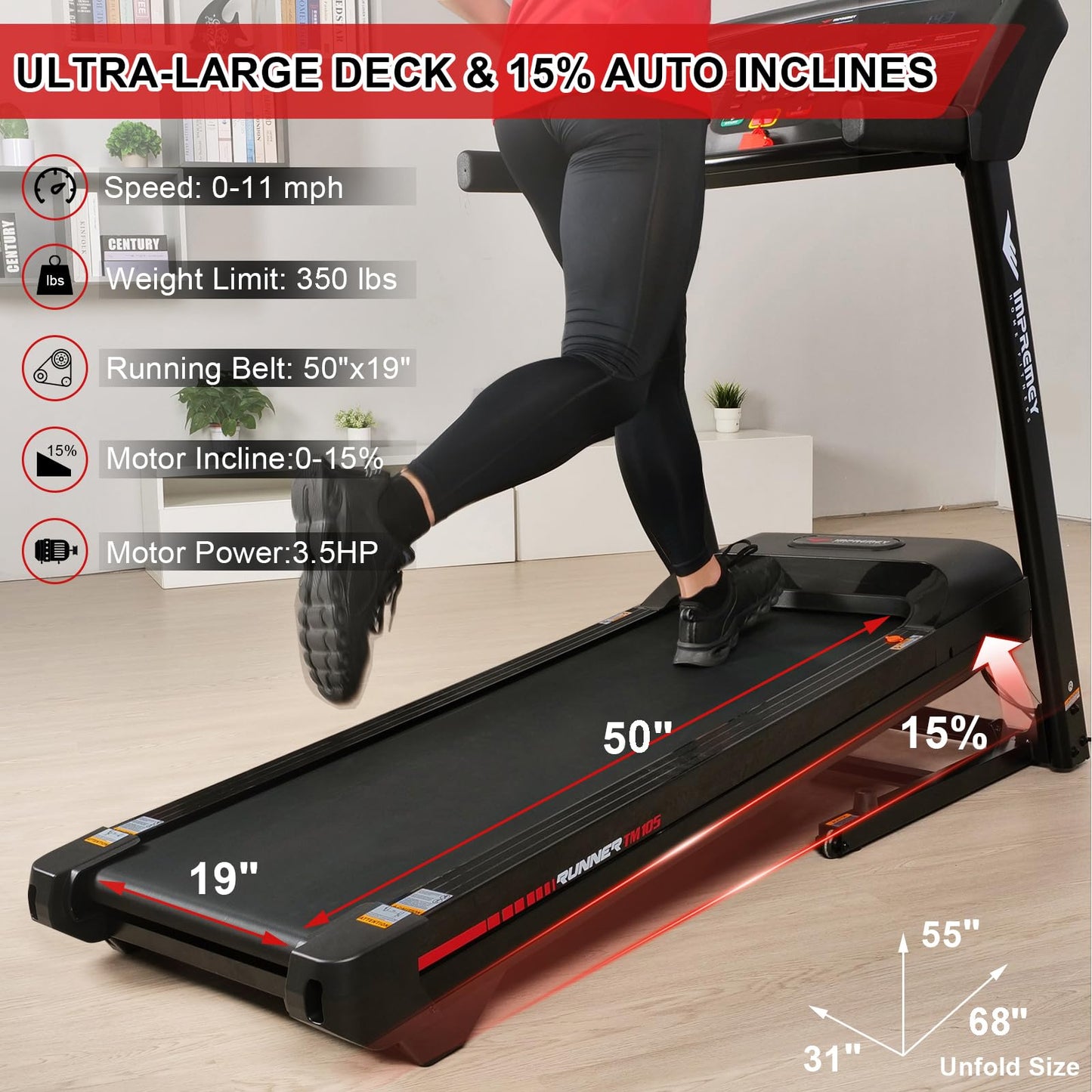 Impremey Folding Treadmill with Auto Incline 15%, 3.5HP, 350 Lb Capacity, 11 MPH, 50" x 19" Ultra Large Running Area, Heart Rate Monitor Armband, HRC Training for Home Walking and Running