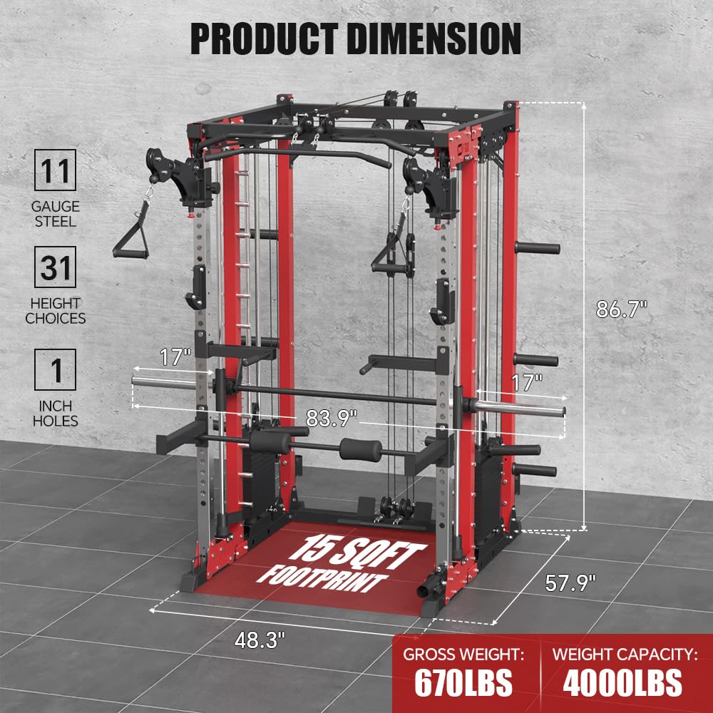 FAGUS H Commercial Smithe Machine with 308lb Dual Weight Stacks, 4000LBS Power Cage Squat Rack with Lever Arm & Leg Press, Multi-Function Linear Bearing Cable Crossover Machine for Home Gym, Red