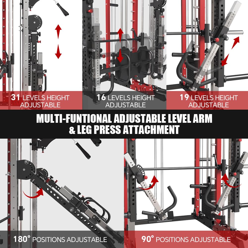 FAGUS H Commercial Smithe Machine with 308lb Dual Weight Stacks, 4000LBS Power Cage Squat Rack with Lever Arm & Leg Press, Multi-Function Linear Bearing Cable Crossover Machine for Home Gym, Red