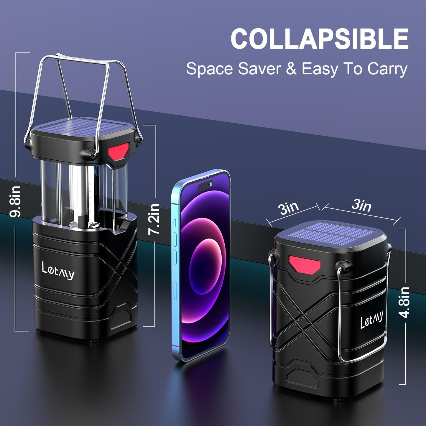 LETMY 4 Pack Camping Lantern, Rechargeable LED Lanterns, Solar Lantern Battery Powered Hurricane Lanterns Flashlight with 3 Powered Ways & USB Cable for Emergency, Power Outage, Hurricane Supplies