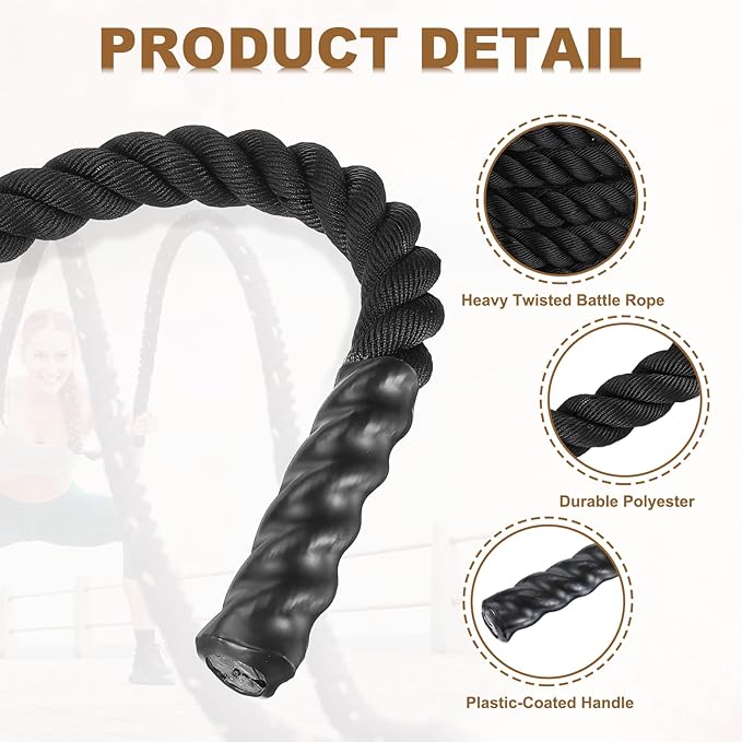 MECCANIXITY Battle Rope 30ft x 2 Inch Polyester Workout Rope Heavy Fitness Exercise Rope for Strength Training Home Gym Muscle Building, Black