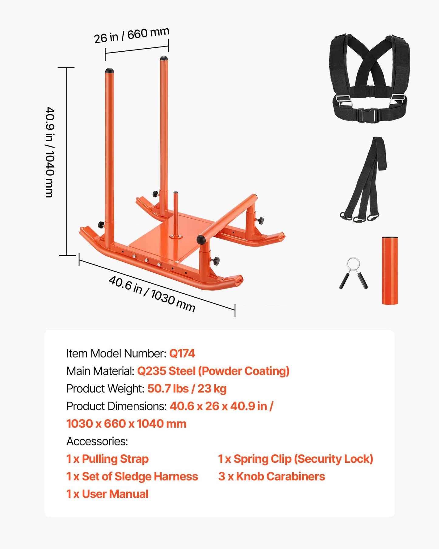 VEVOR Weight Sled, Fitness Strength Training Pull Push Running Sled, Fitness Workout Sled Push Gym Equipment, with Handle, Compatible 1/2 in Weight Plates, Orange, Football Sleds and Chutes