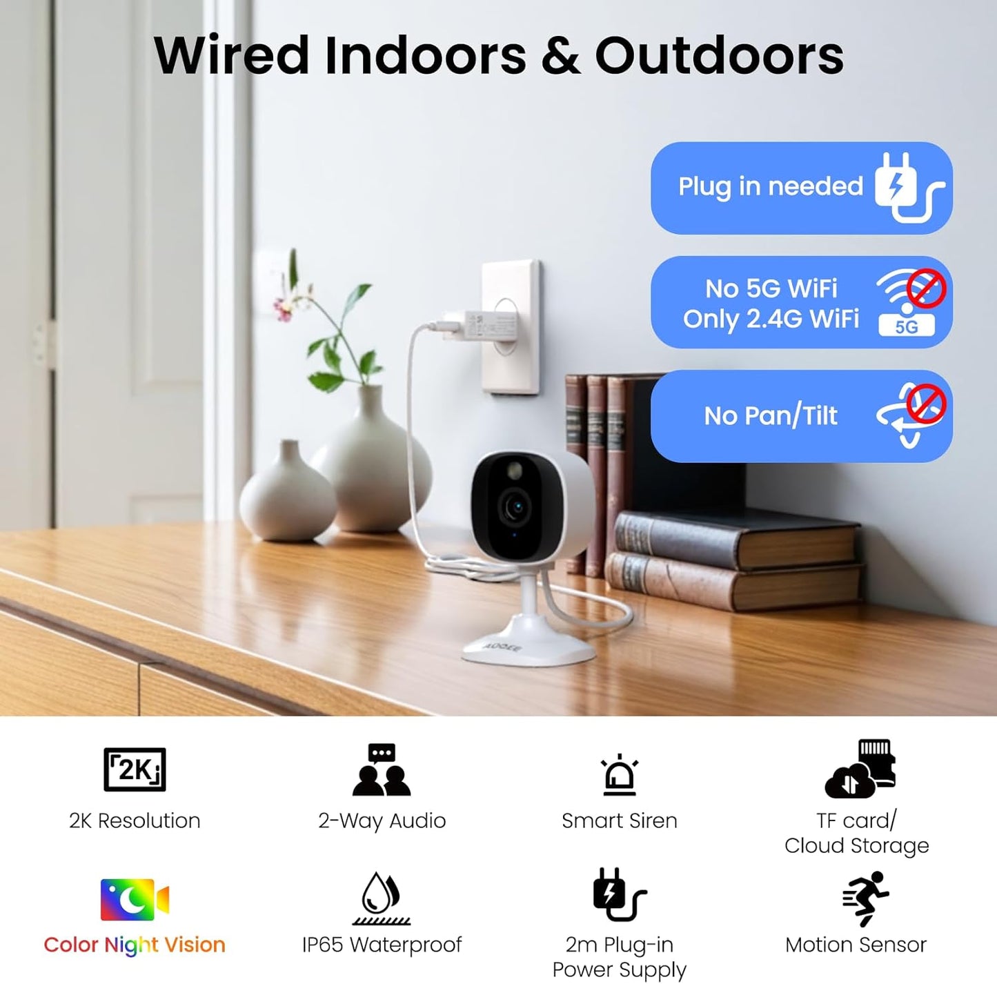 AOQEE 2K 24/7 (C1-White-1pack-2.4G) Cameras for Home Security-Outdoor/Indoor Camera for Dog/Cat/Pet/Nanny/Baby/Elderly