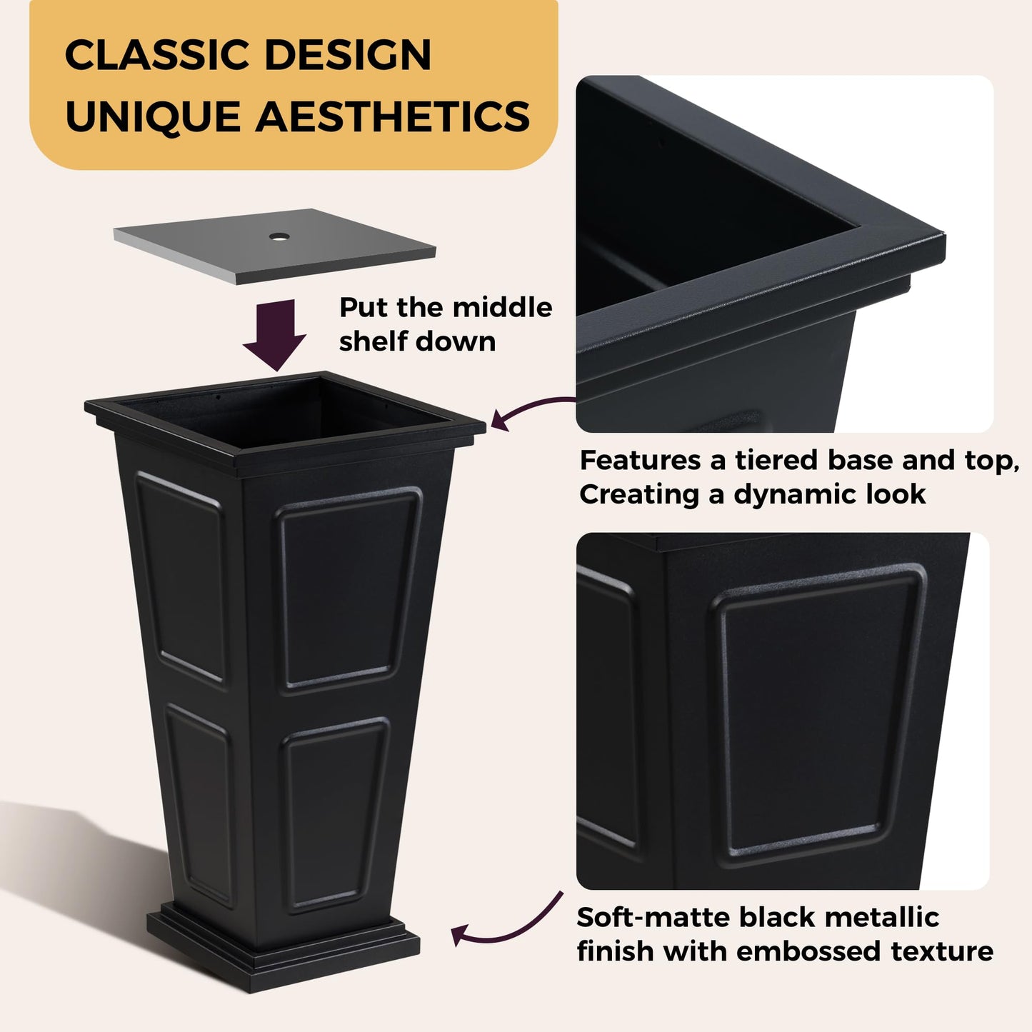 26" Tall Metallic Planter Set of 2, Black Taper Planters with Removable Partition Drainage Holes, Large Outdoor Planter for Front Porch, Garden, Patio, Balcony, Classic Estate Design, All-Weather Use