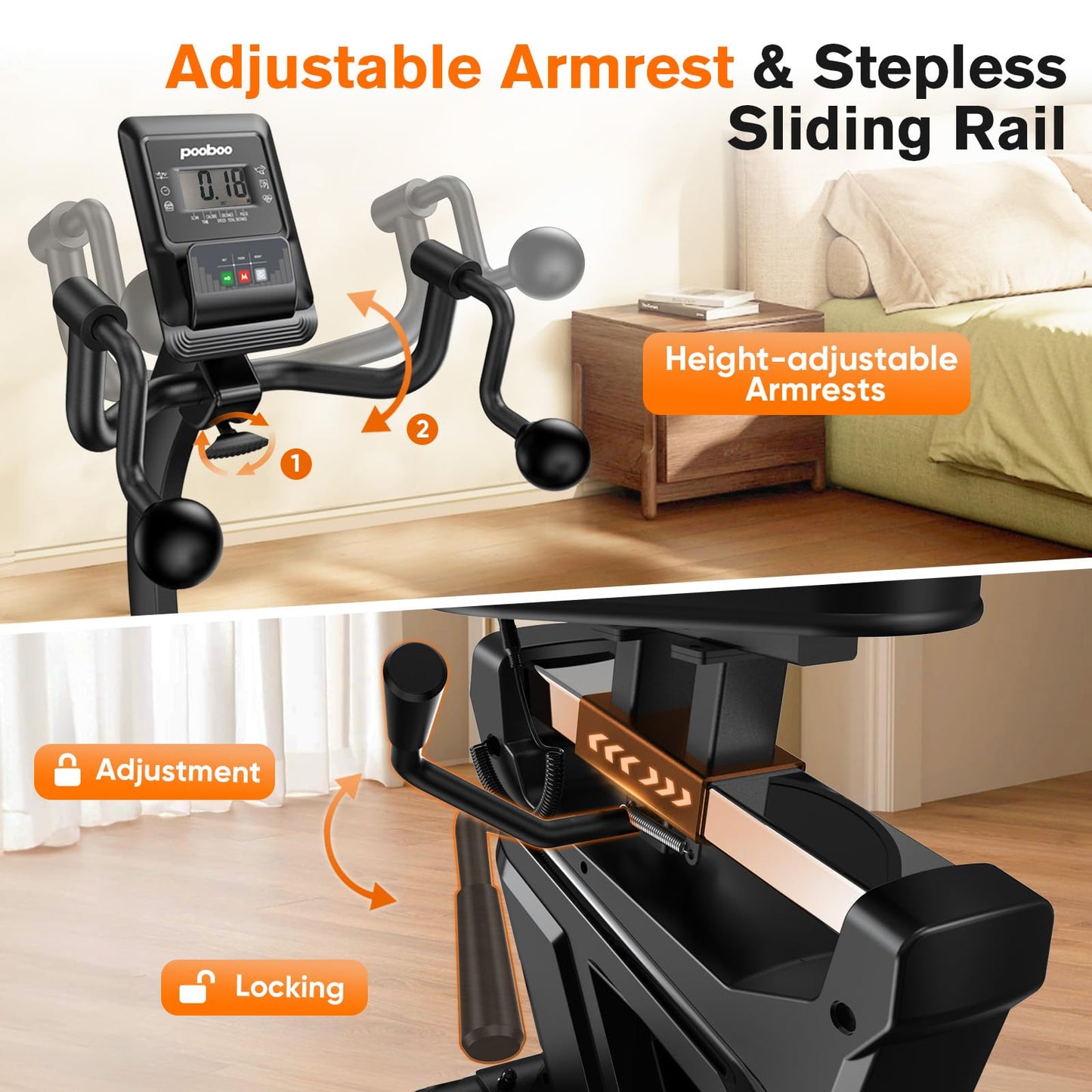 pooboo Recumbent Exercise Bike, Stationary Bikes for Home with Arm Exerciser, Magnetic Recumbent Bike with Ergonomic Backrest & Comfortable Seat, Smart APP, Pulse Sensor, 400LBS Weight Capacity