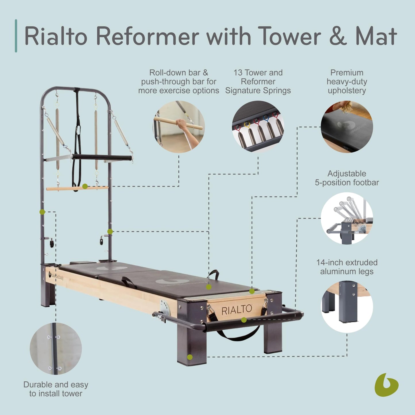 Balanced Body Rialto Pilates Reformer with Tower and Mat Conversion, Pilates Exercise Equipment, Workout Equipment for Home or Studio, Black Upholstery