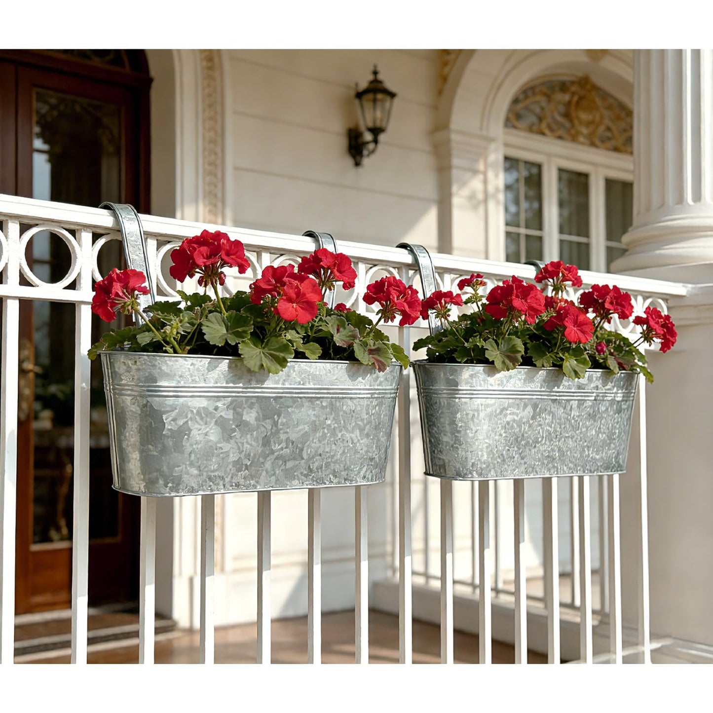 Joyfernal Balcony Galvanized Hanging Planters Railing Flower Pots, Outdoor Metal Fence Planter Pot with Detachable Hooks Drain Hole for Garden Patio Yard Decor (17 Inch, 2Pcs)
