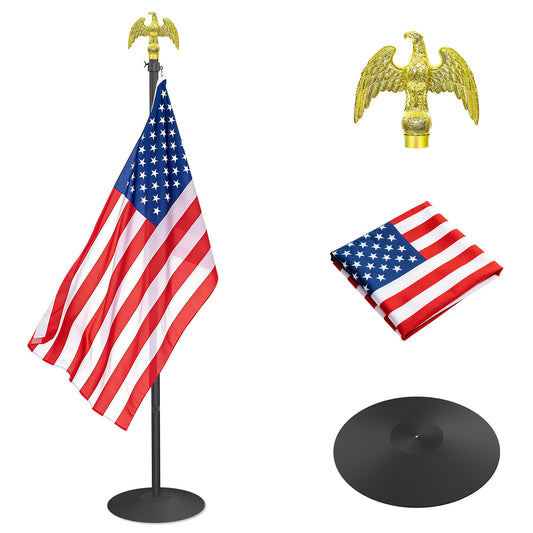 Wphold Indoor Flag Pole and Stand with 3x5 Ft American Flag & Golden Eagle Topper – 8FT Heavy Duty Flagpole Kit with Tangle-Free Rotatable Hooks & Stable Round Base for Office, Classroom, Home Decor