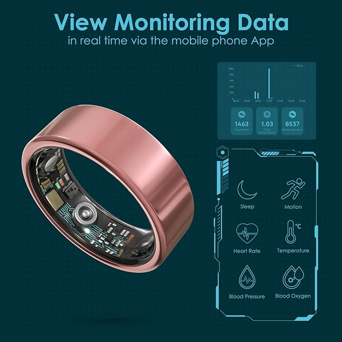 Smart Ring Health Monitoring 5ATM Waterproof Fitness Tracker with Glossy Titanium Surface Blood Oxygen/Sleep/Stress Tracking Women?™s Cycle Prediction Sport Ring Compatible with iOS/Android Ink 7
