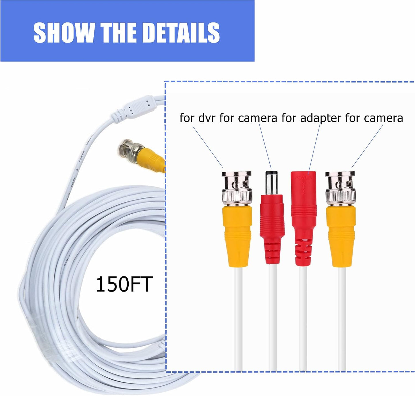 150ft White BNC Video Power Cable for Zosi CCTV DVR Security Cameras