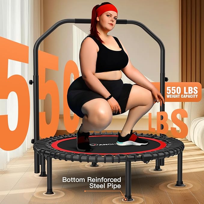 ANCHEER 40"/48" Foldable Rebounder Trampoline for Adults/Kids with Resistance Bands and Bungees, Indoor & Outdoor Mini Trampoline with Bar and Safety Padding - Max Load 450lbs/550lbs