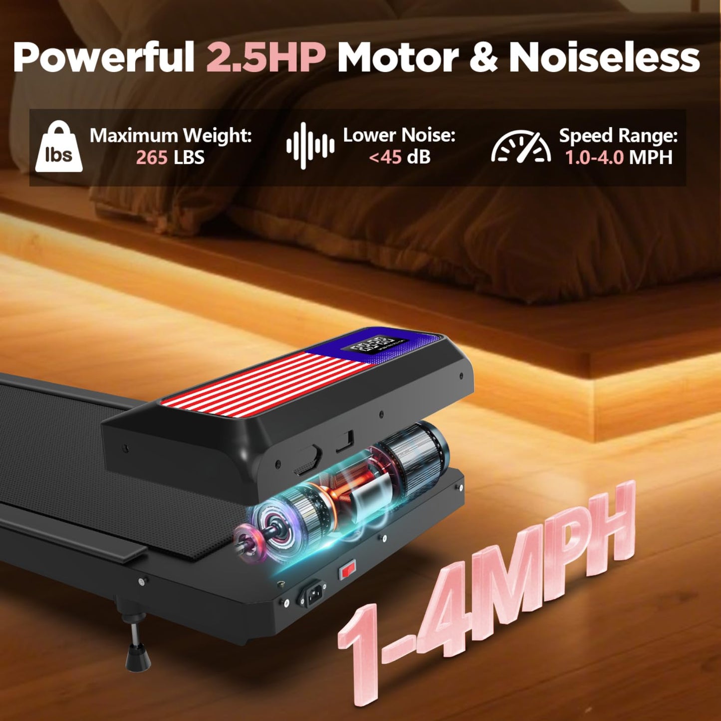 Walking Treadmill Pad Under-Desk with Incline - 2.5HP Home Running Pad LED Display Exercise Machine with Remote Control