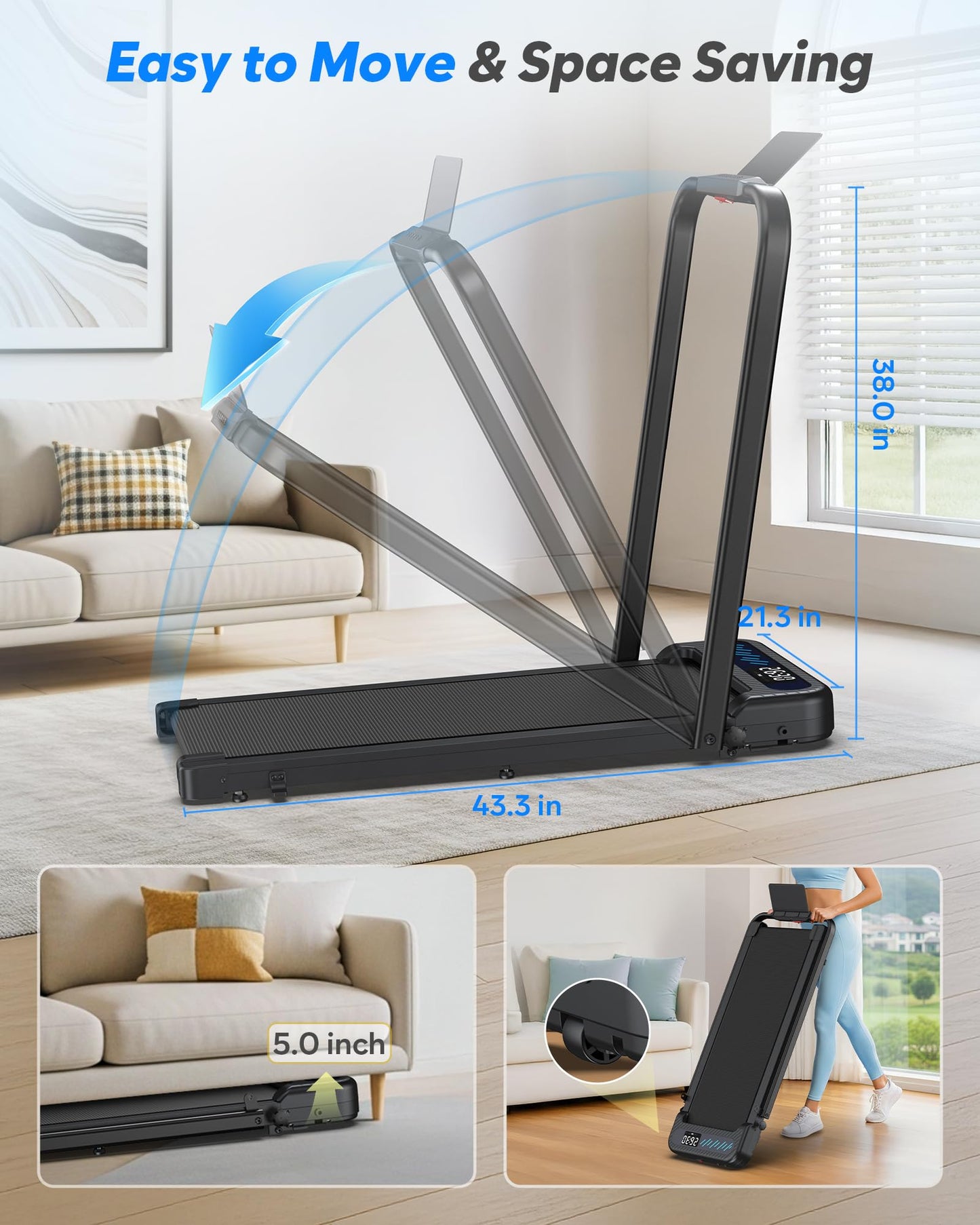 Cardirun Walking Pad with Incline and Handle Bar, Foldable Treadmills for Home Small Spaces, 3.0HP Quiet Compact Treadmill, Portable Under Desk Treadmill with LED Display, App & Remote Control