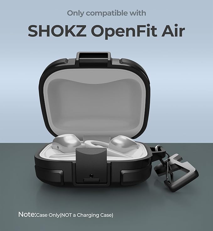 Dexnor for SHOKZ OpenFit Air Case with Drop-Proof Lock, Shockproof Rugged Bumper Cases Protective Cover with Carabiner & Keyring & Cleaner Kit Black