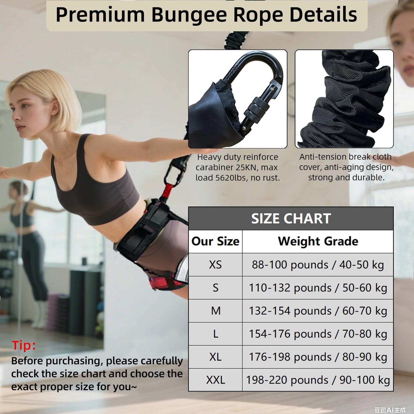 PRIORMAN Professional Bungee Dance Fitness Kit, 6 Sizes, CE Certified Complete Harness Set with Resistance Band & Hanging Hardware for Suspension Training Home & Studio(XL)
