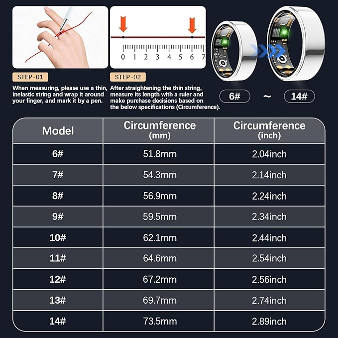 Smart Health Ring for Women Men, Fitness Tracker Ring with Heart Rate, Blood Oxygen, Sleep Tracker, Step Tracker, No Subscription Fee, IP68 Waterproof Smart Ring for iPhone & Android (Silver, 11#)