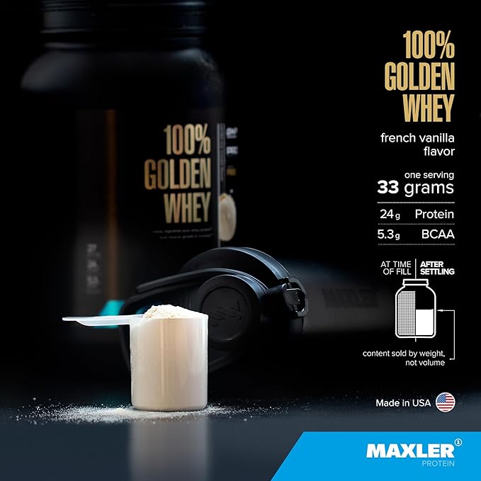 Maxler 100% Golden Whey Protein - 24g of Protein per Serving - Premium Whey Protein Powder for Pre Post Workout - Fast-Absorbing Whey Concentrate Isolate Hydrolysate Blend - French Vanilla Protein 2lb