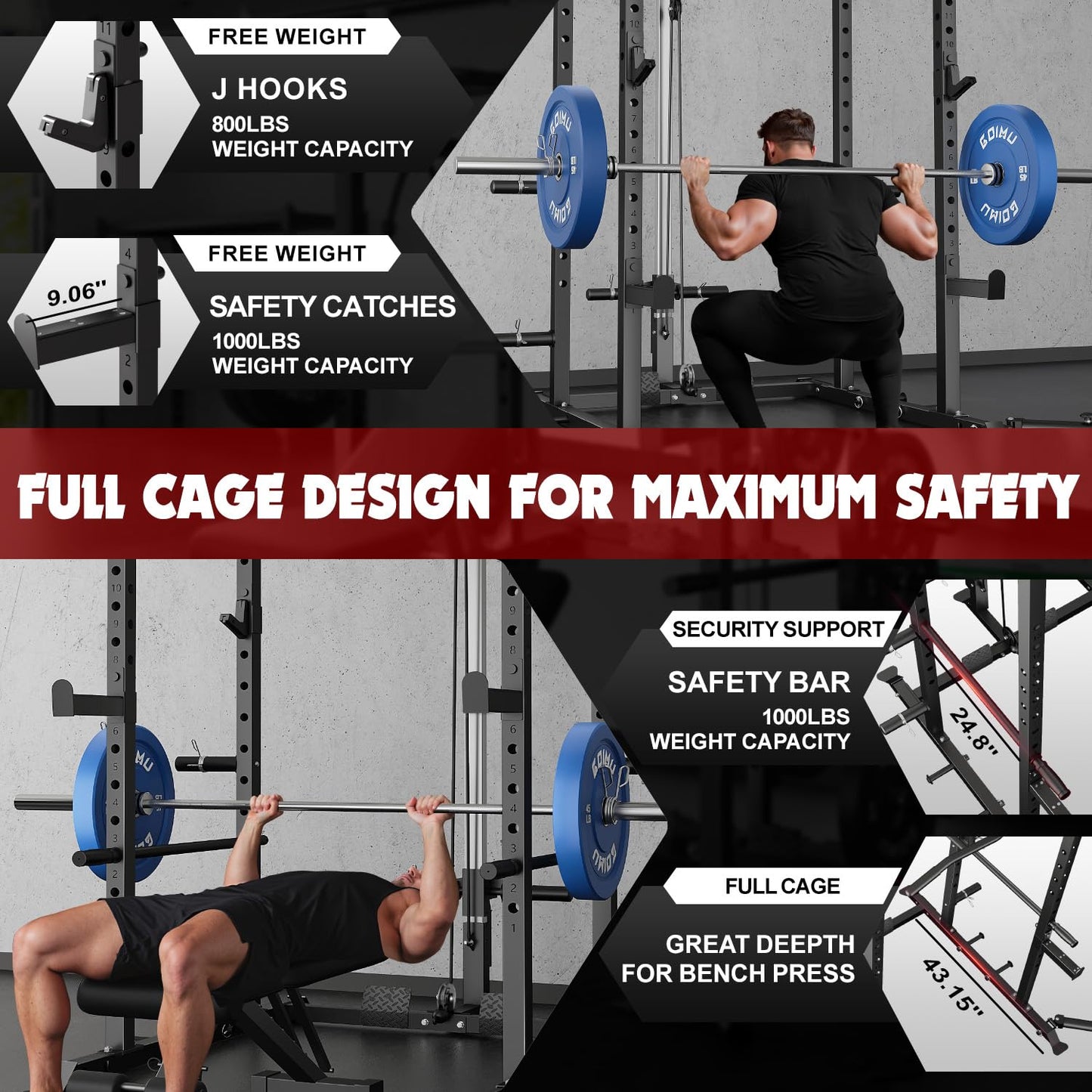 Goimu C1-V4 Power Cage, 2000LBS Squat Rack with LAT Pulldown, Multi-Function Weight Cage Strength Training Machine, Workout Cage with More Attachments for Home Gym Garage (BK C1-V4)